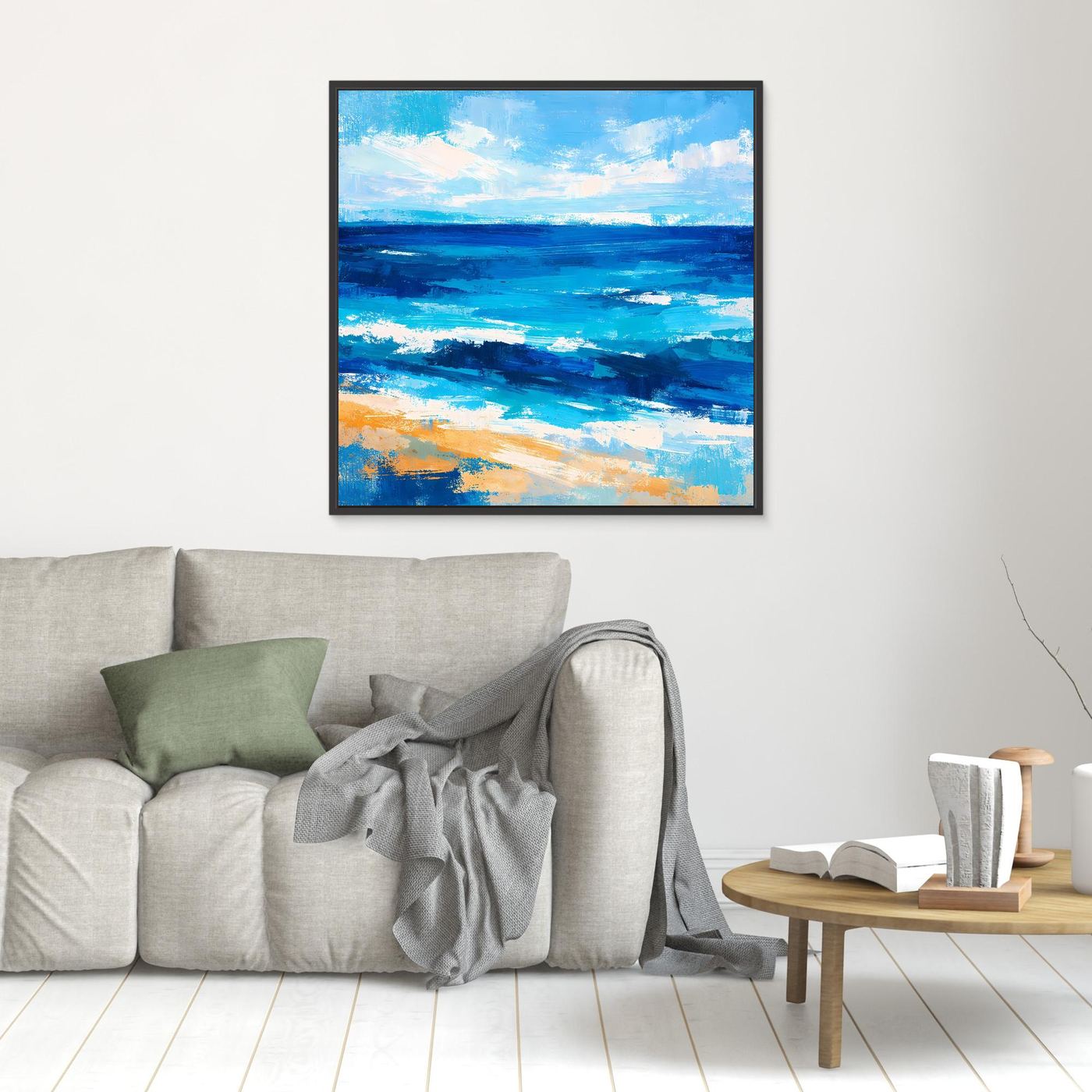 Abstract seascape wall art print in blue with dark border frame