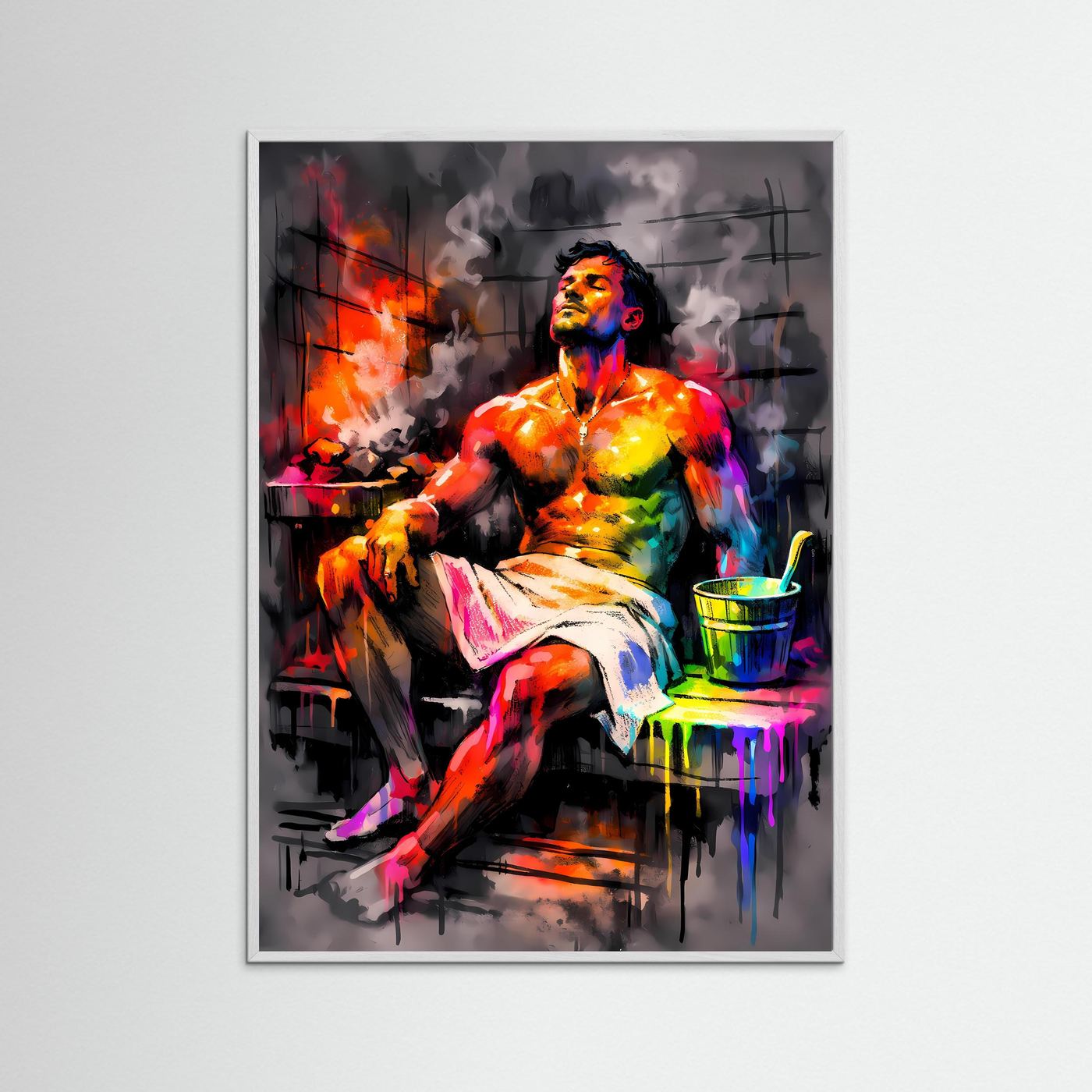 Die Kunst der Entspannung | Neon Sauna Poster mit männlicher Silhouette & Regenbogen-Farben | Abstraktes Pop-Art Kunstposter Hochformat