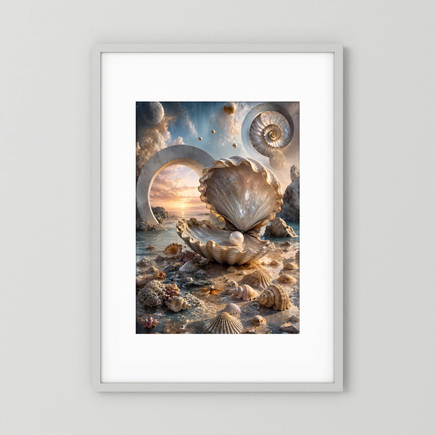 Gerahmtes Poster mit Muschel und Perle in Creme- und Goldtönen, Hochformat