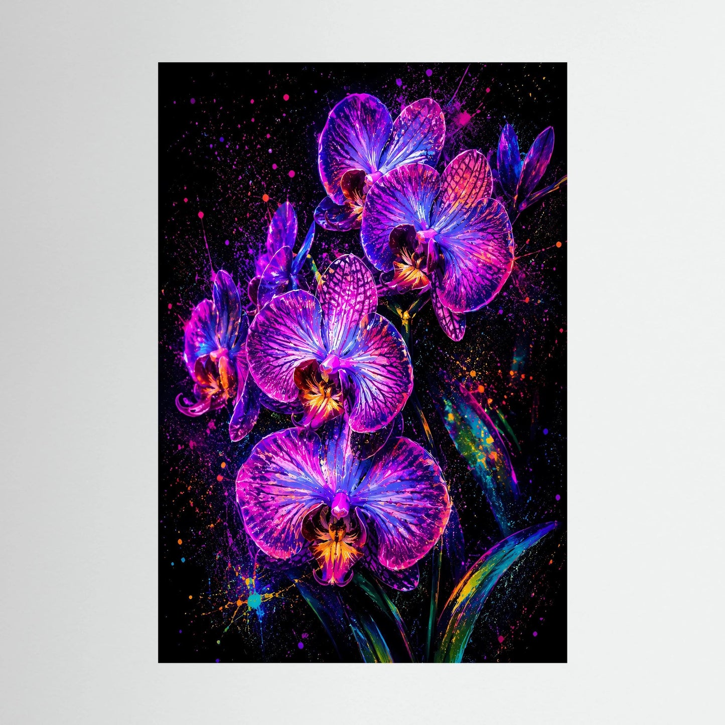 Neon-Orchideen-Blumenposter im Hochformat mit leuchtenden Violett- und Pinkblüten