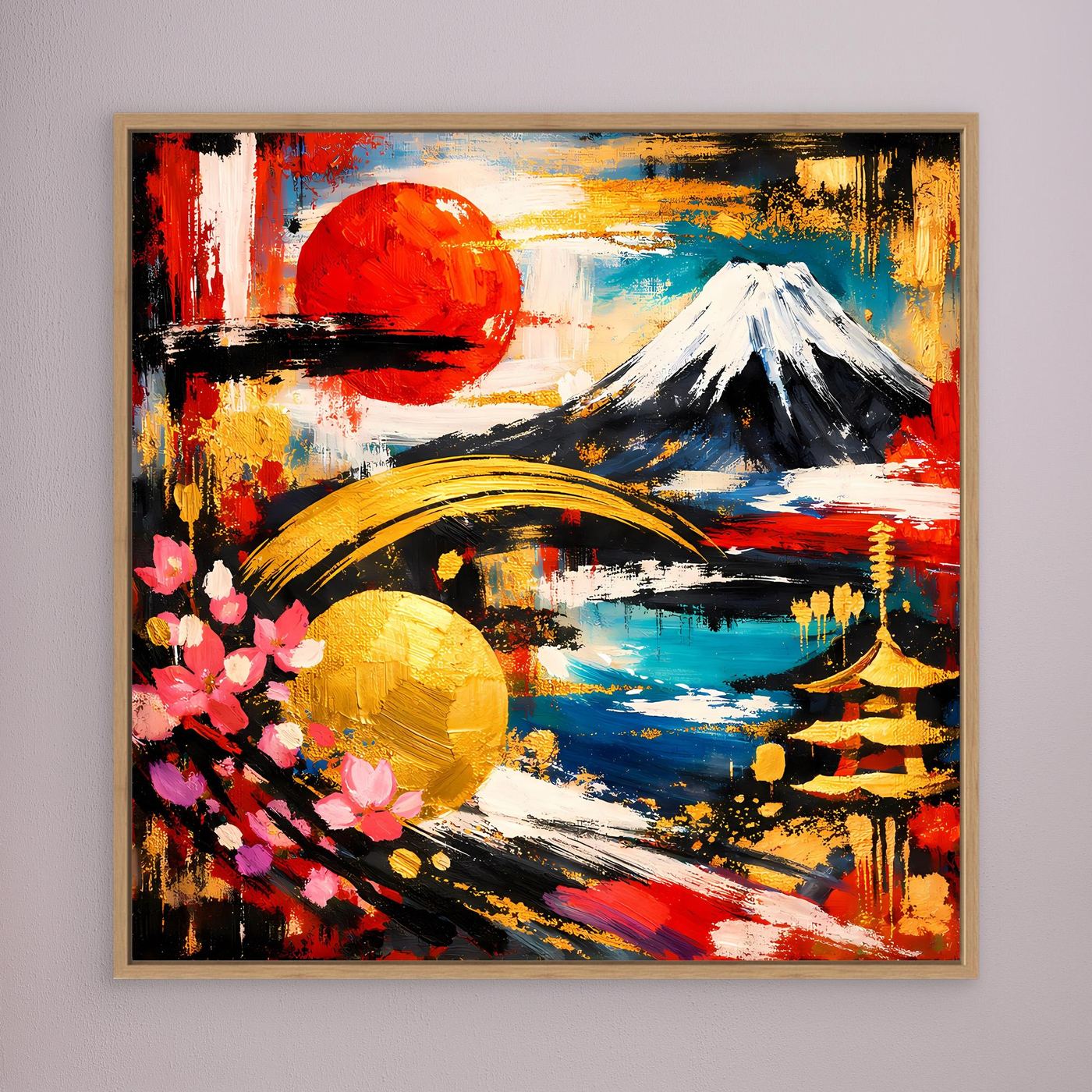 Leinwandbild mit abstraktem Fuji, Kirschblütenzweig, roter Sonne und See, im beigen Rahmen.