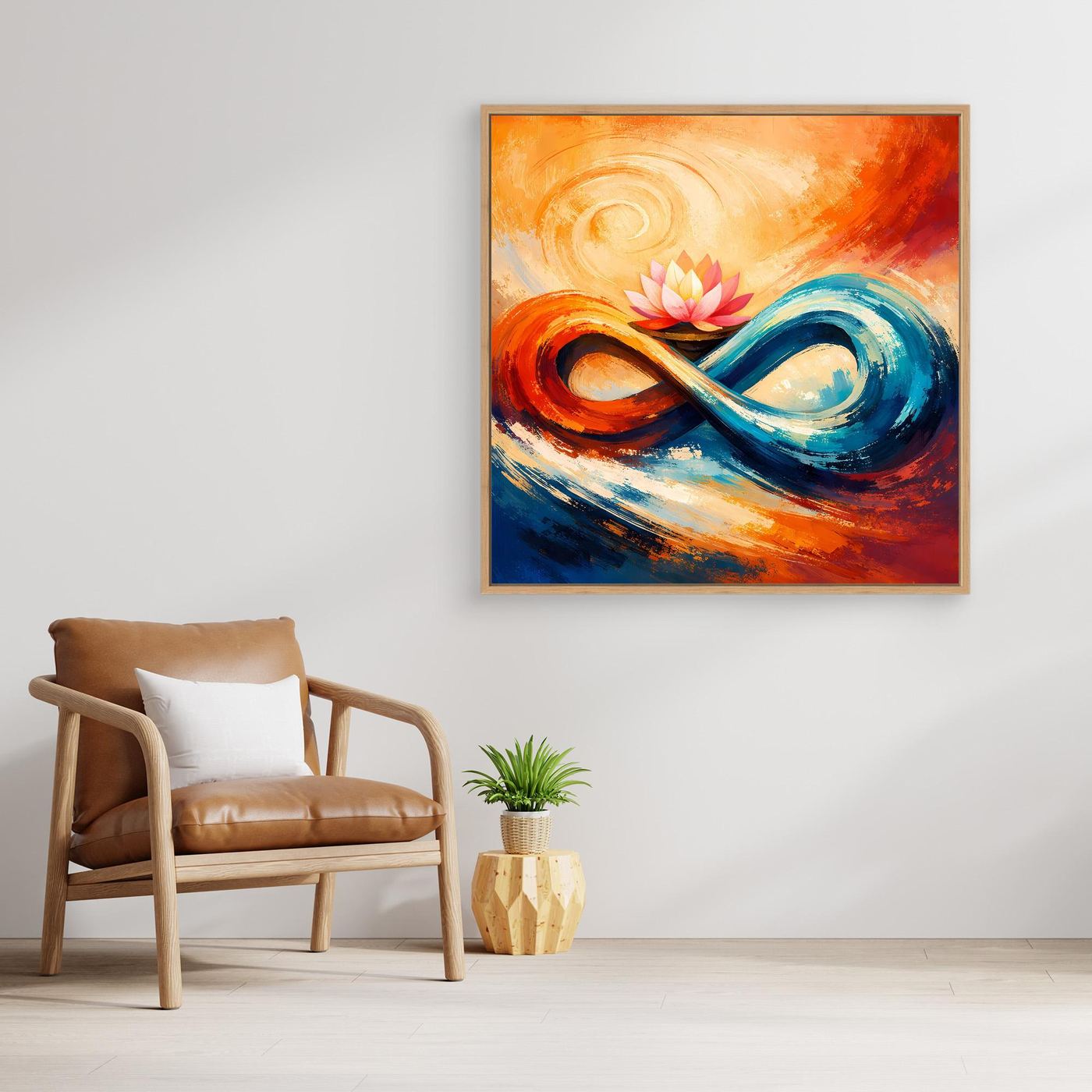 Gerahmtes Leinwandbild mit Unendlichkeitsform und Lotusblüte, kräftige Orange- und Blautöne