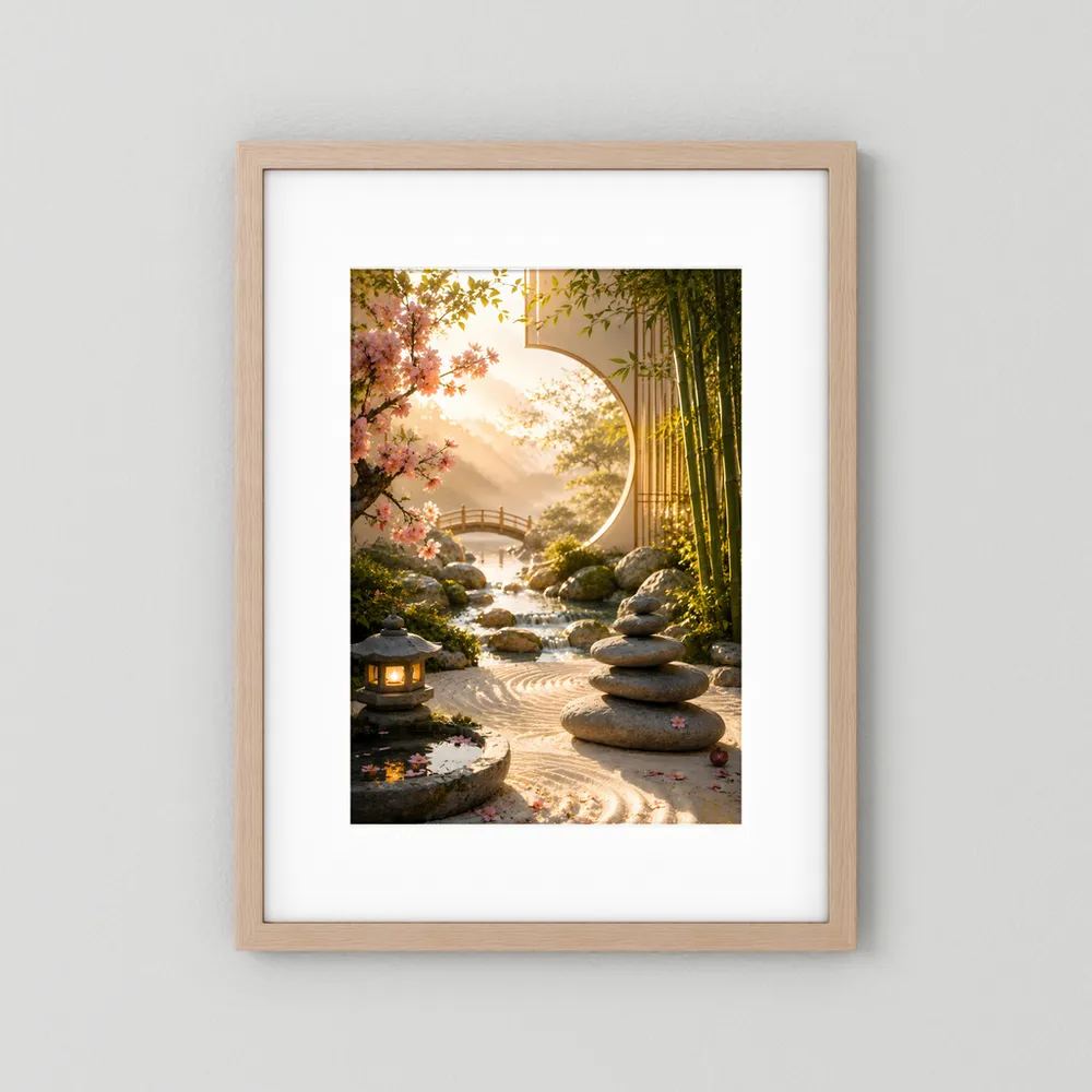 Hochformat-Poster Zen-Garten im hellem Holzrahmen: Bambus, Kirschblüten, Steine und Laterne