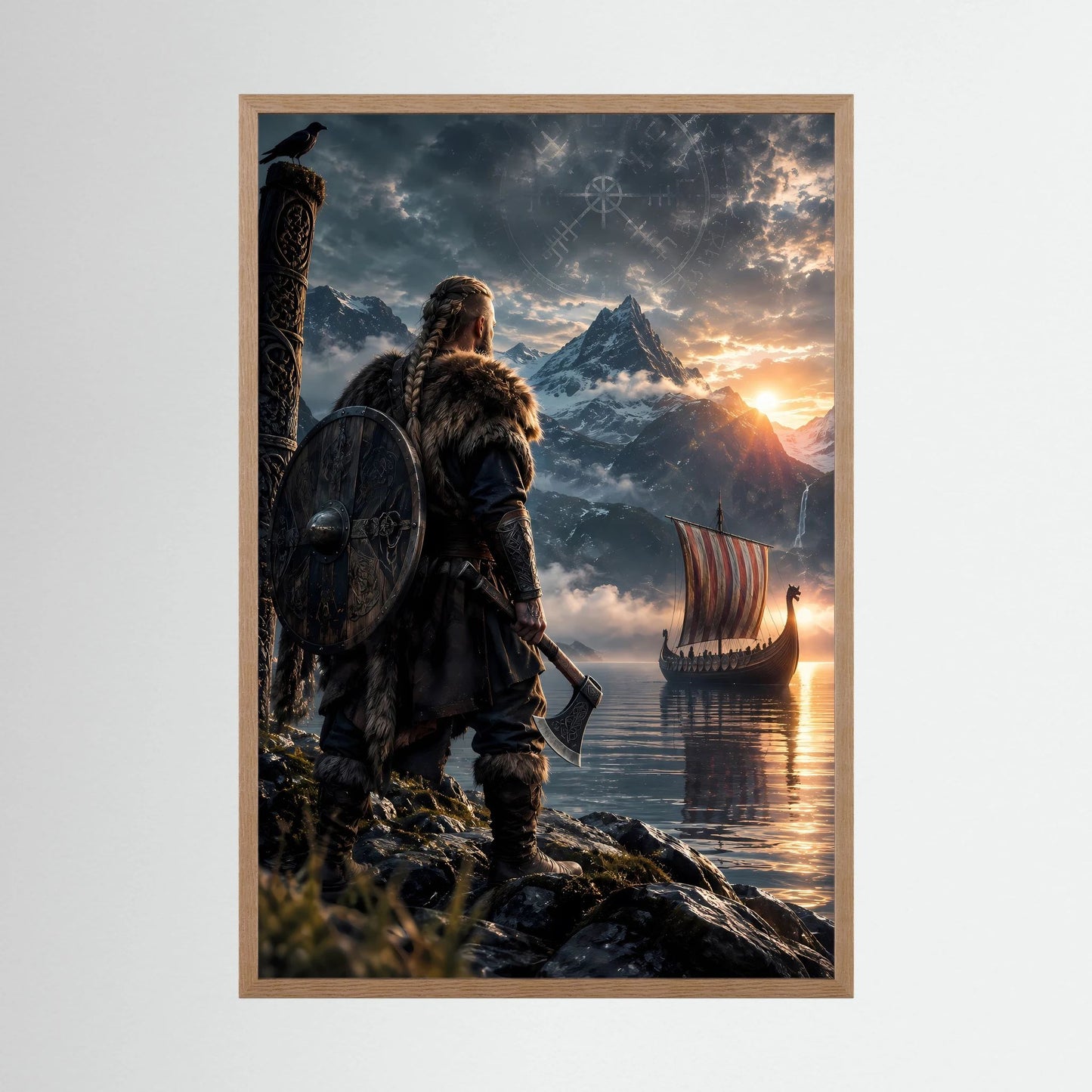 Fantasy-Poster Hochformat mit hellem Holzrahmen: Wikingerkrieger, Schild, Schiff in Berglandschaft