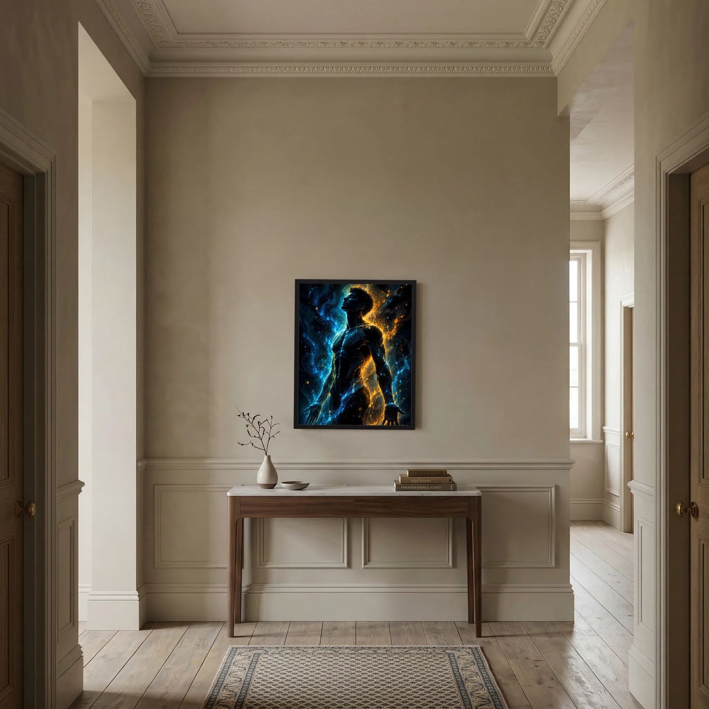 Poster mit männlicher Silhouette in Blau und Gold, im schwarzen Rahmen