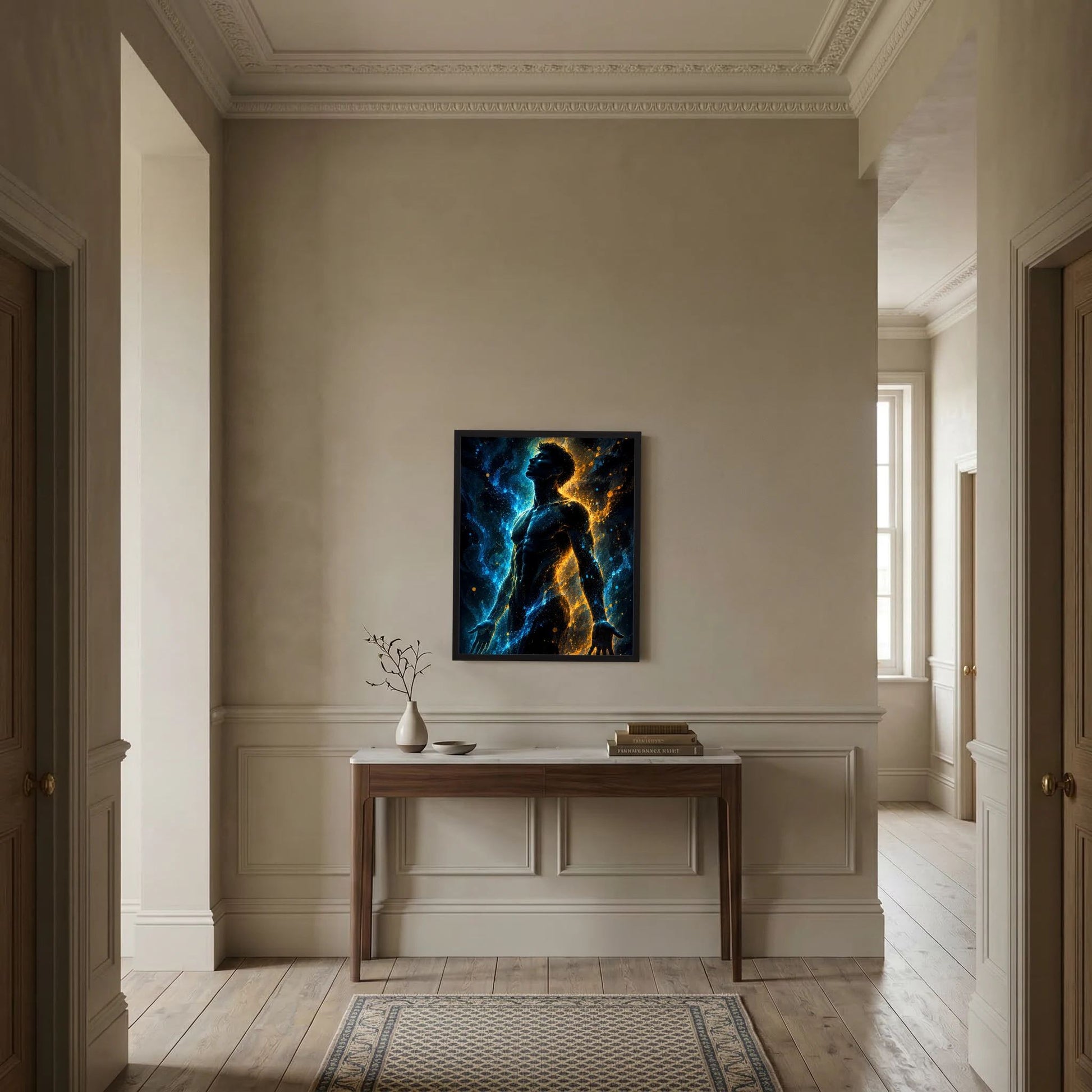 Poster mit männlicher Silhouette in Blau und Gold, im schwarzen Rahmen