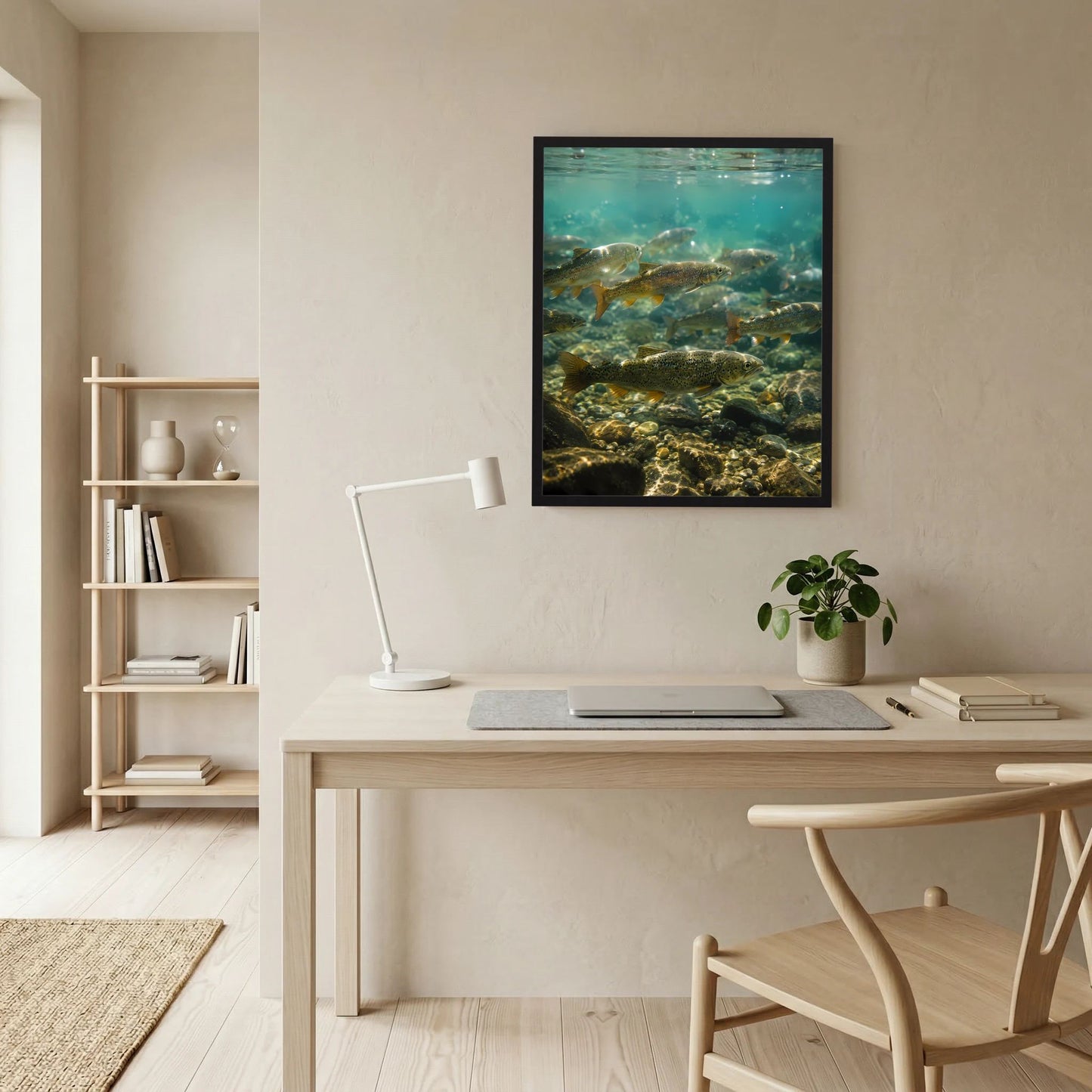 Hochformatiges Poster mit Unterwasserwelt: Forellen und Flusssteine im klaren Wasser