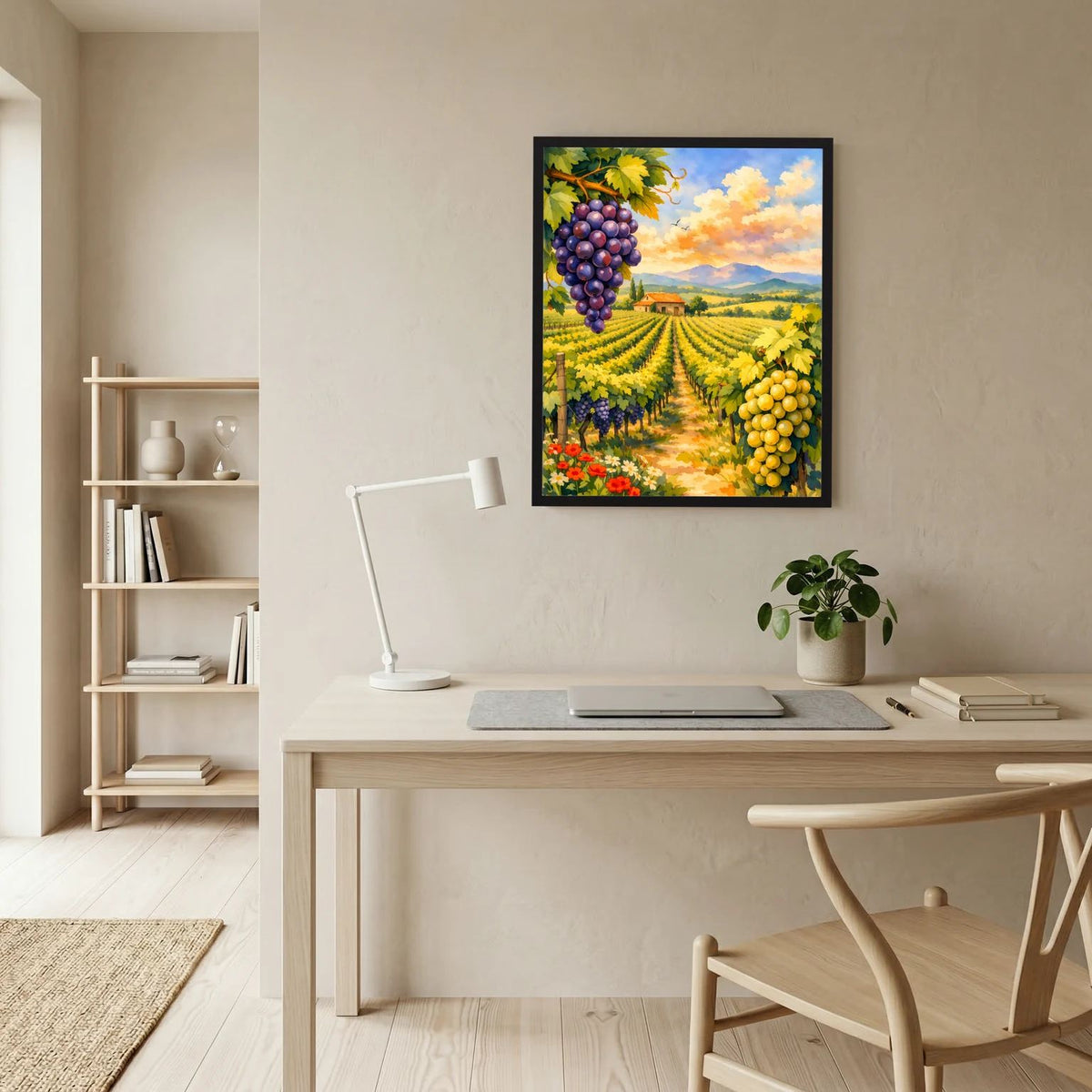 Schwarz gerahmtes Hochformat-Poster mit Weinbergen, violetten und gelben Trauben