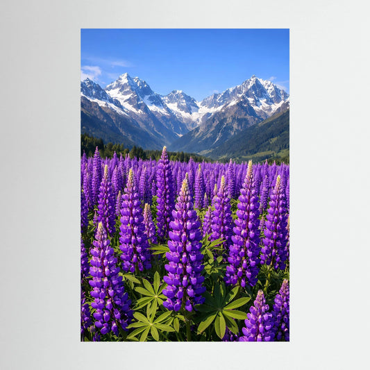 Wandbild im Hochformat: lila Lupinen vor schneebedeckten Bergen