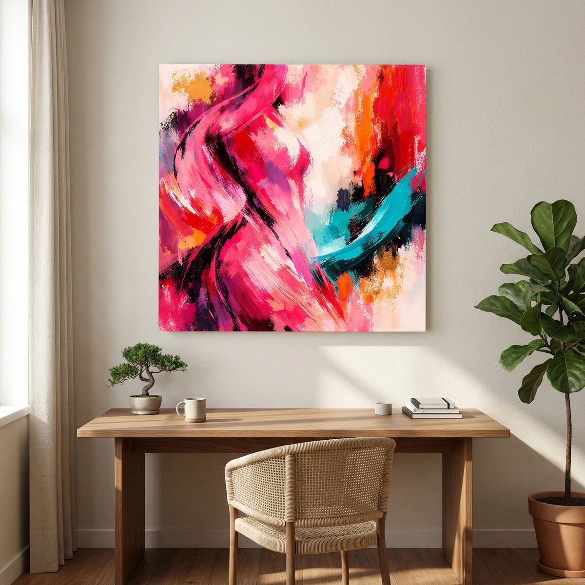 Leinwandbild auf Holzkeilrahmen mit abstrakter weiblicher Silhouette, kräftige Rot- und Pinktöne