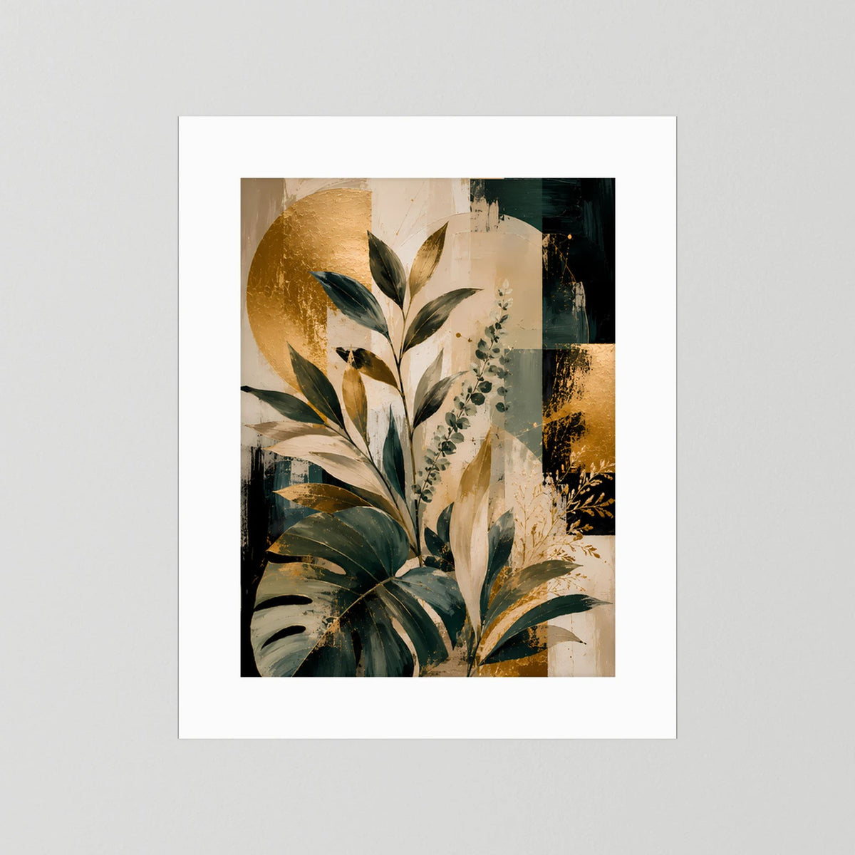 Kunstposter mit abstrakten Blättern in Gold und Grün, weißer Rahmen und weißes Passepartout