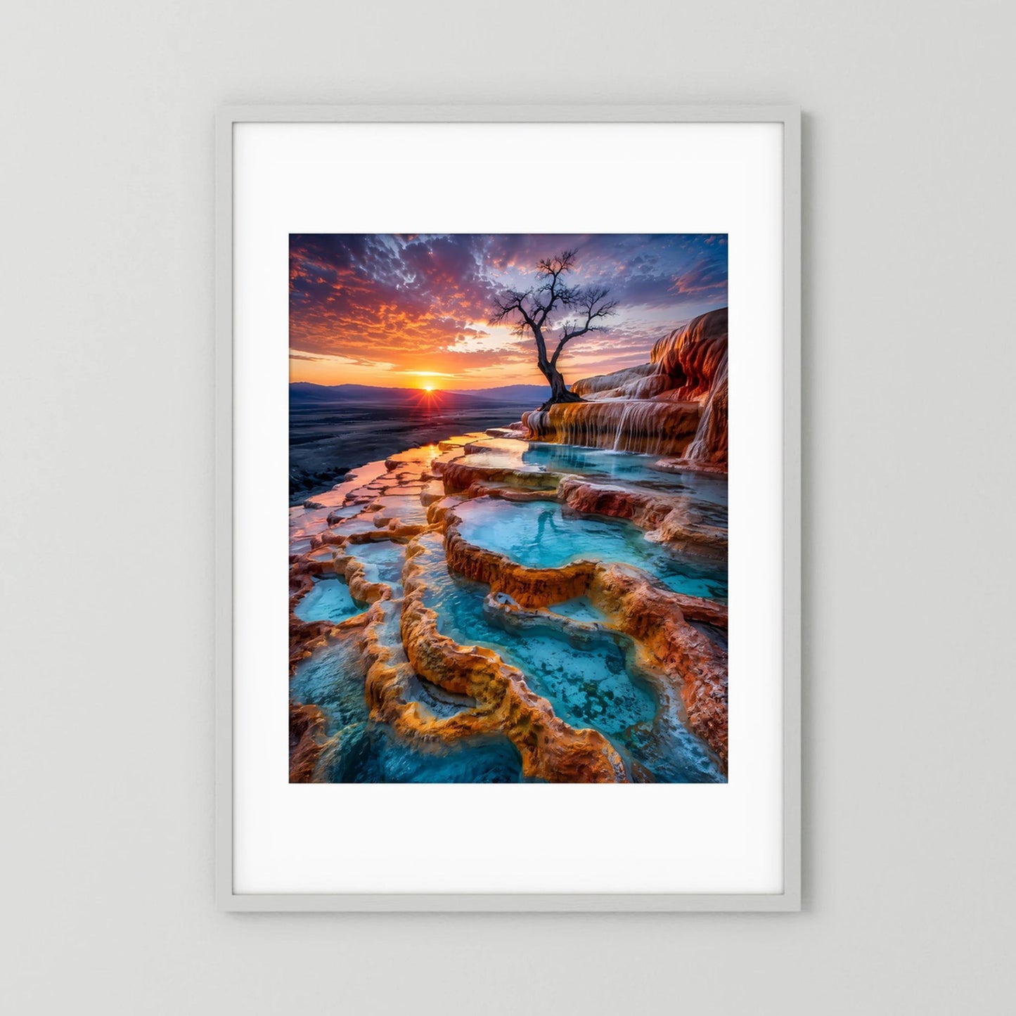 Poster mit türkisem Naturpool auf Felsenterrassen im Sonnenuntergang, weißer Rahmen