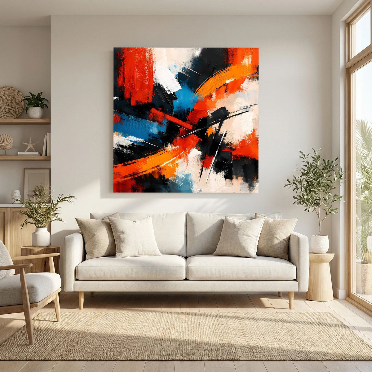 Quadratisches abstraktes Leinwandbild mit Pinselspuren in Rot, Orange, Blau und Schwarz auf Holzkeilrahmen