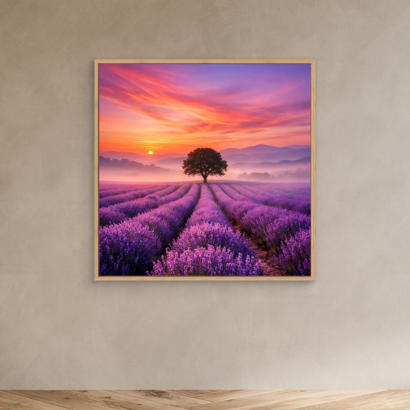 Leinwandbild Lavendelfeld mit Sonnenaufgang und Baum, Eichenrahmen (kleine Ansicht)