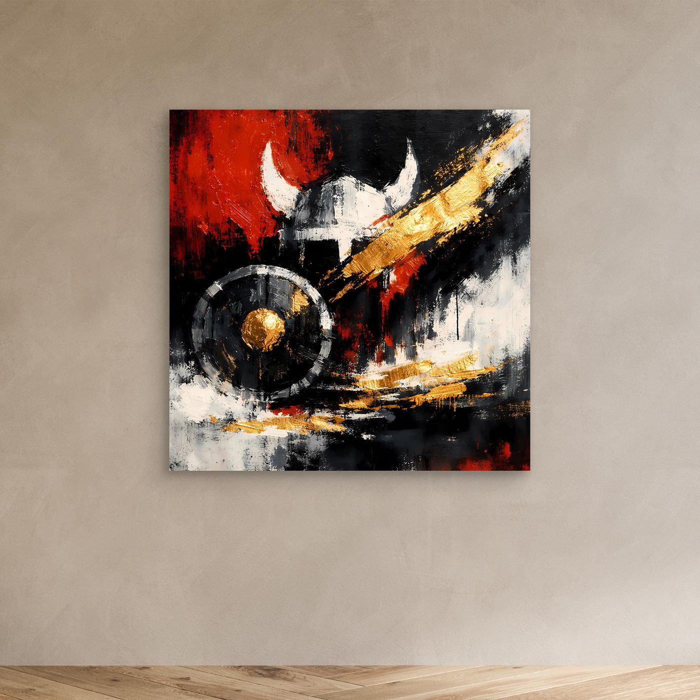 Leinwandbild mit Wikingerhelm und Schild im abstrakten Stil, ohne Rahmen