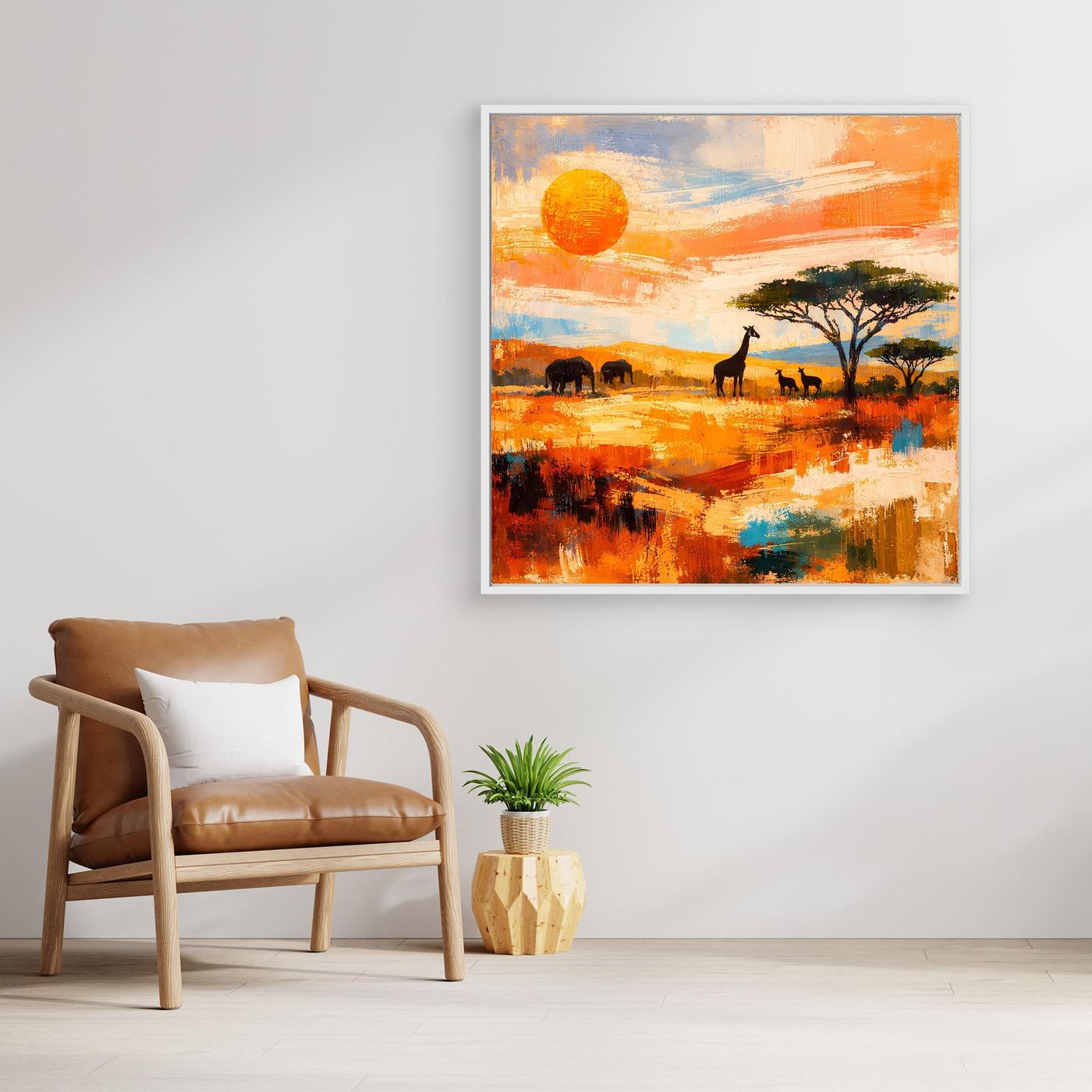 Gerahmtes Leinwand-Wandbild: Afrikanische Savanne mit Tierfiguren, großer orangegelber Sonne.
