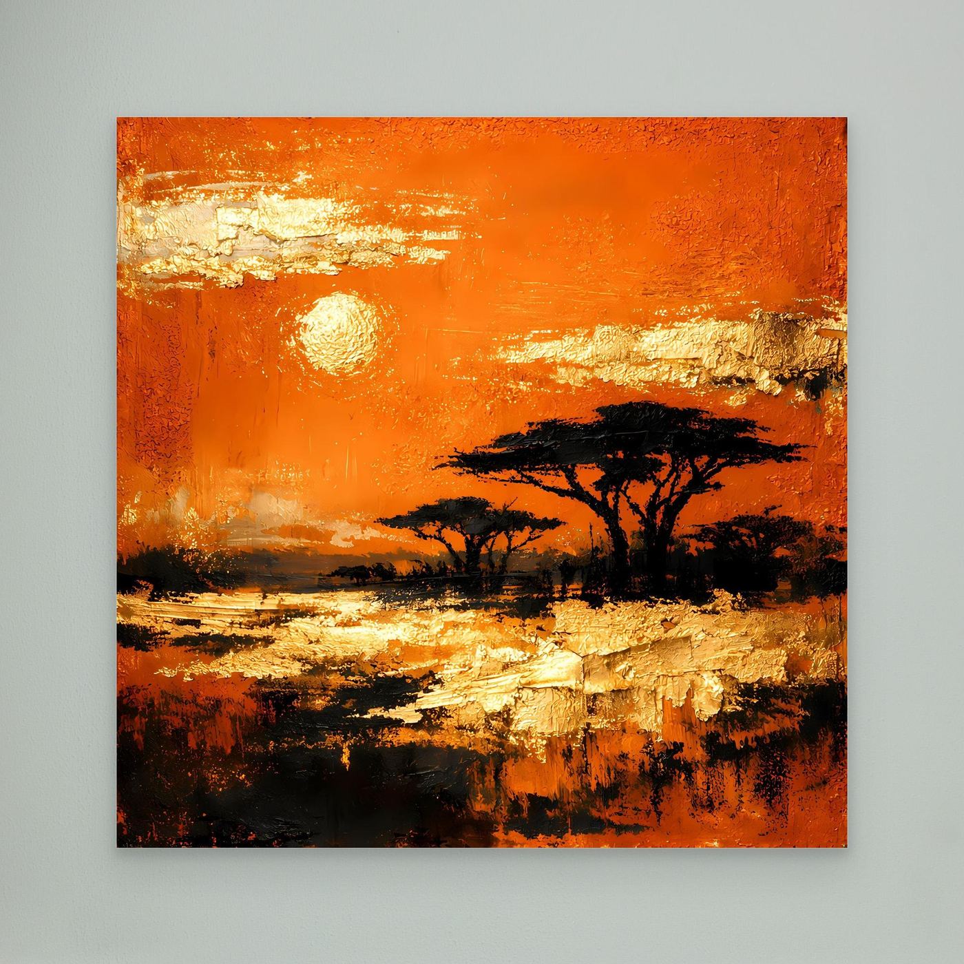 Leinwand Abstraktes Savannen-Panorama | Modernes Afrika Wandbild in Orange und Goldblättern