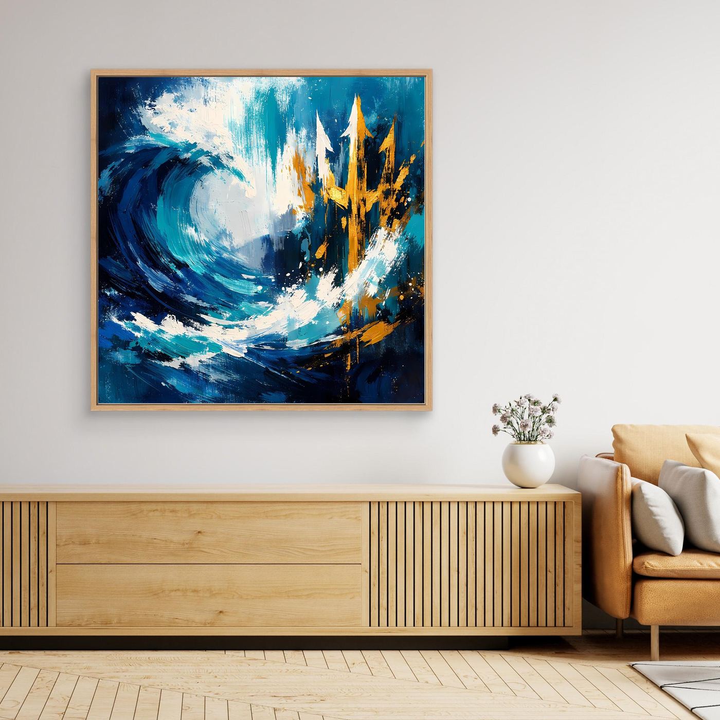 Square nautical wall art with blue waves and golden trident, gold frame