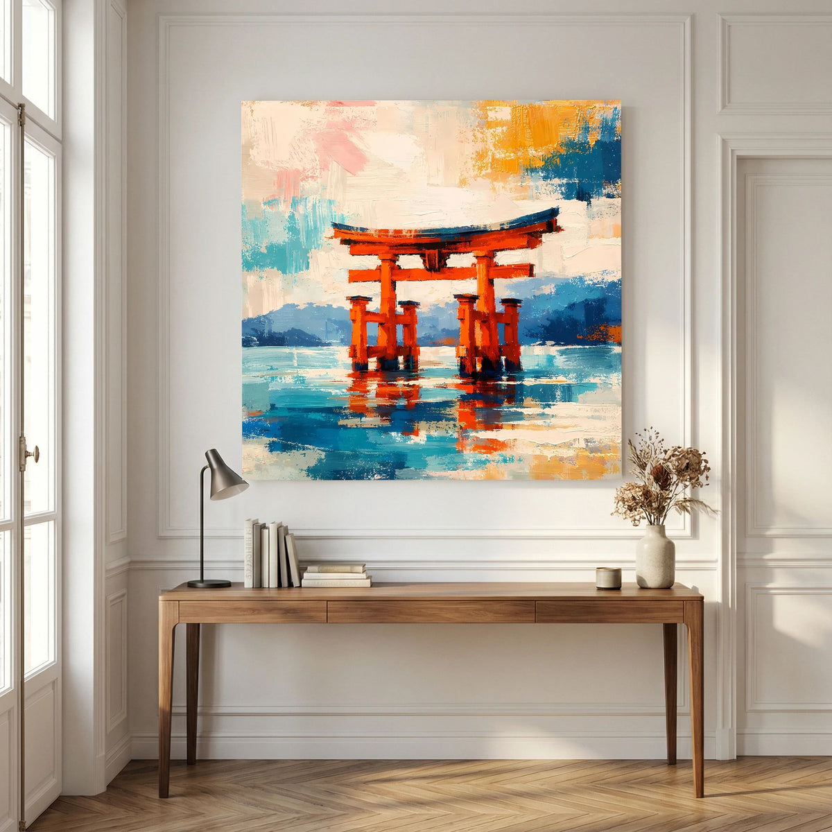 Abstraktes Leinwandbild: orangefarbenes Torii-Tor über blauem Gewässer mit Pinseloptik
