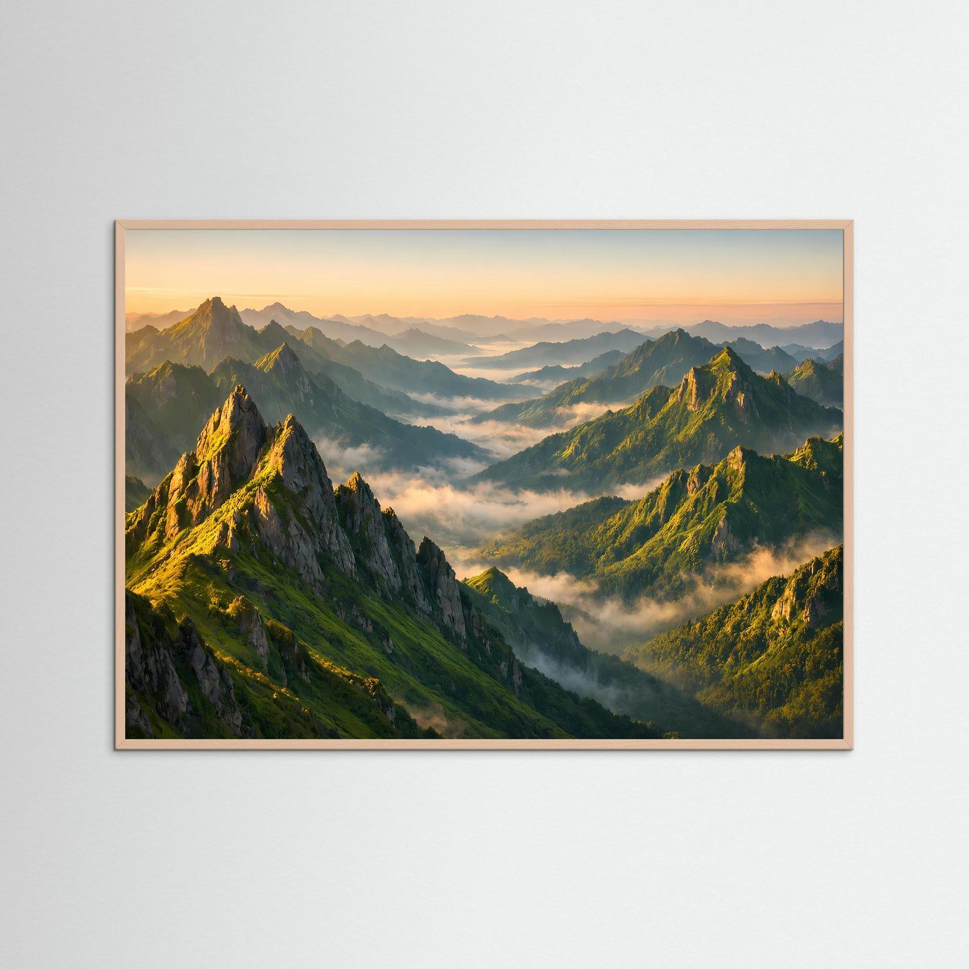 Bergpanorama-Poster im Querformat mit Sonnenaufgang, rosafarbener Holzrahmen
