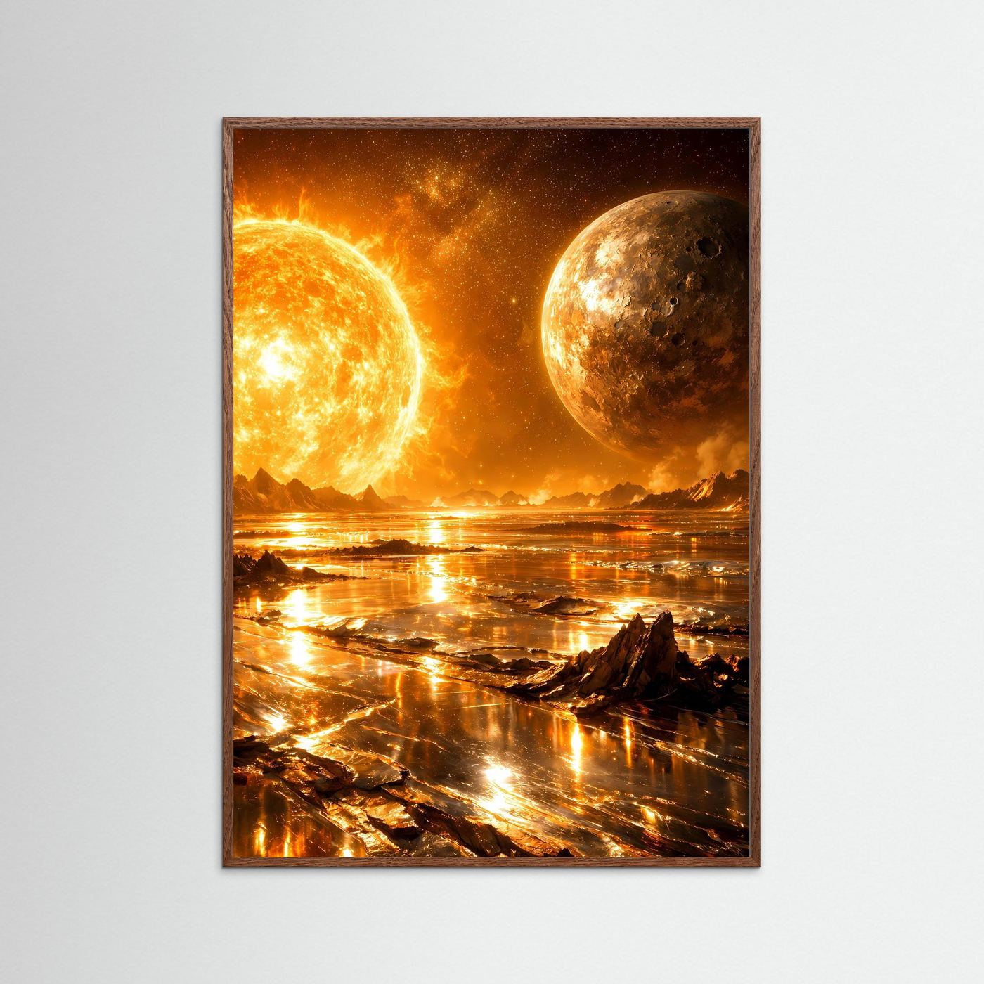 Weltraum-Poster im Hochformat mit dunklem Eichenholzrahmen: Feuerplanet, Mond und Wasserlandschaft.