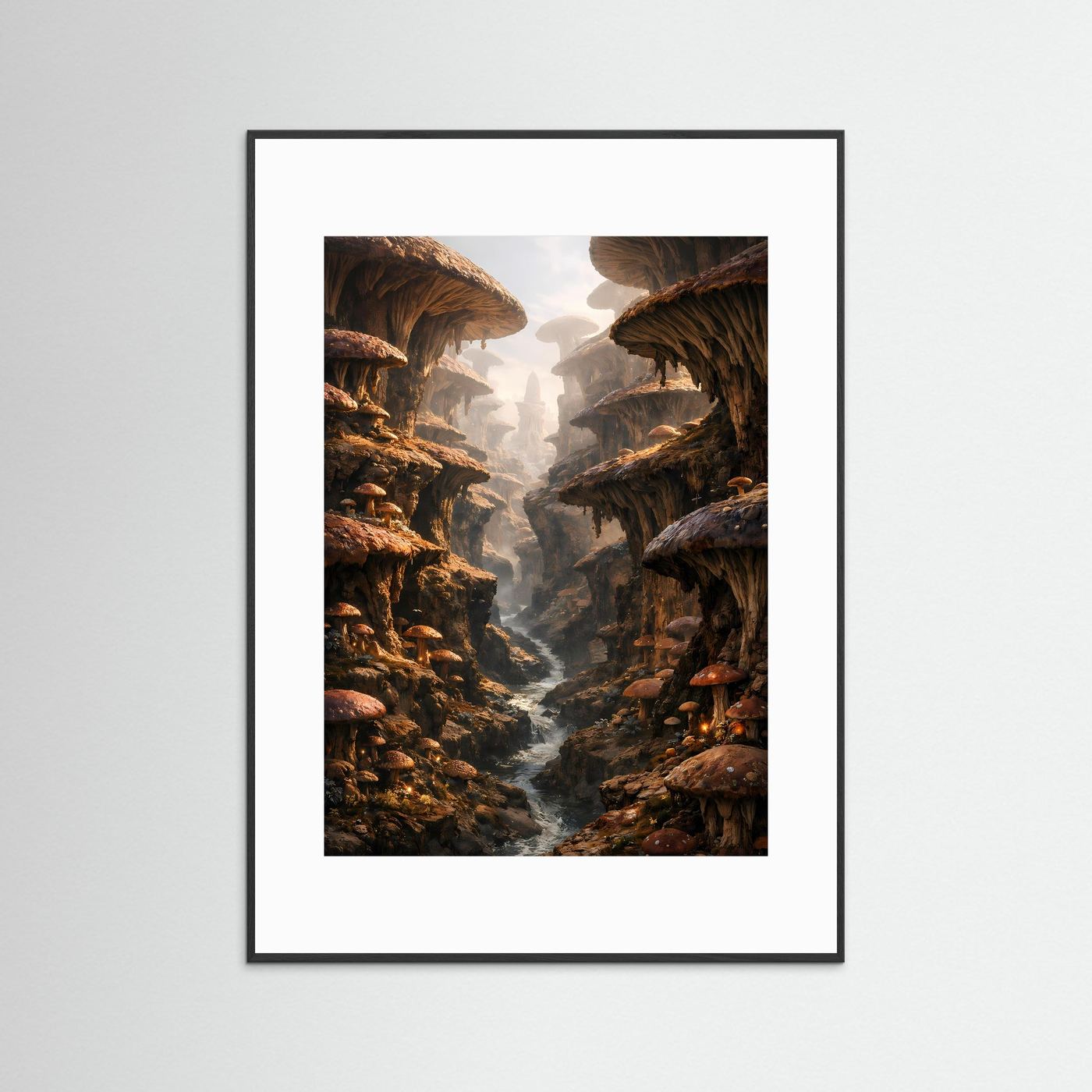 Fantasy-Poster mit weißem Passepartout und schwarzem Rahmen, Pilzfelsen-Tal, Flusslauf