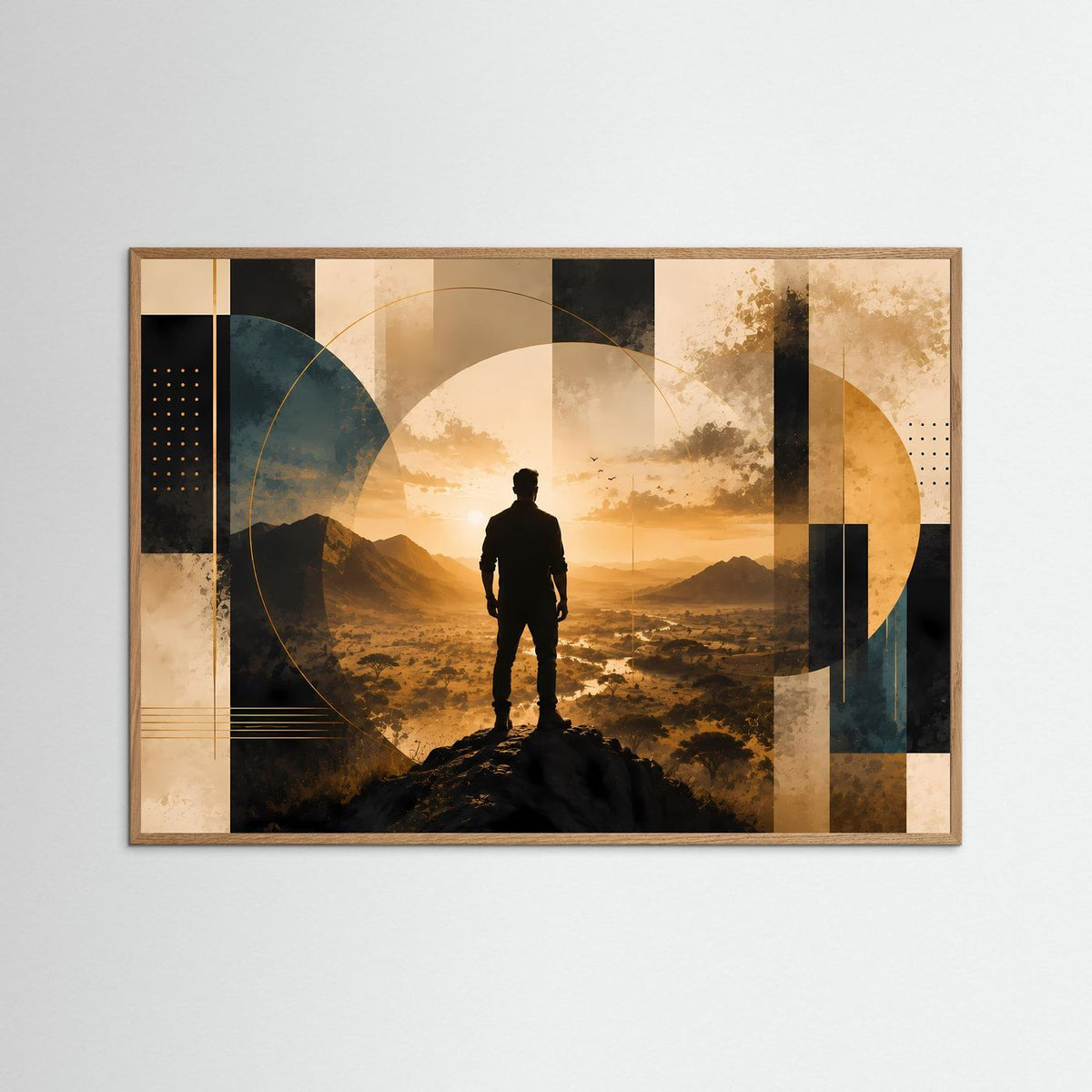 Querformat-Poster mit Silhouette eines Mannes auf Berggipfel im dunklen Holzrahmen, Gold und Schwarz