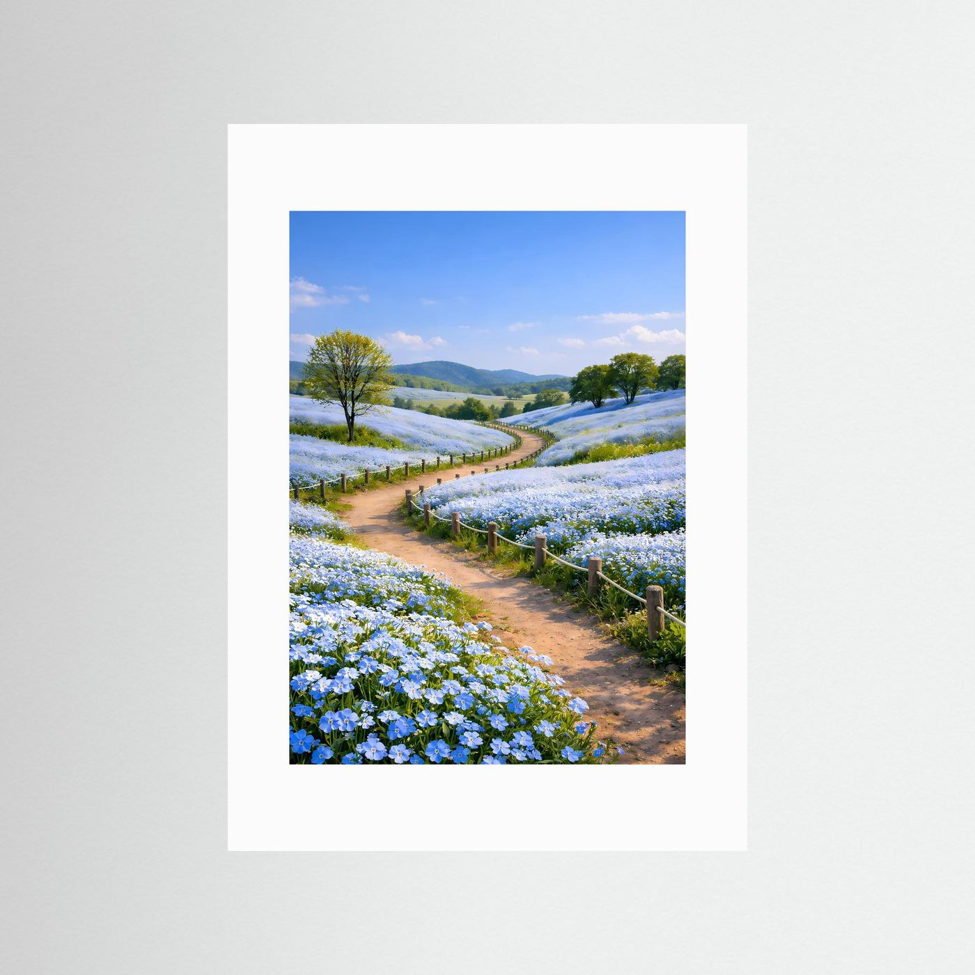 Landschafts-Poster mit weißem Passepartout: Weg durch blaues Blütenmeer