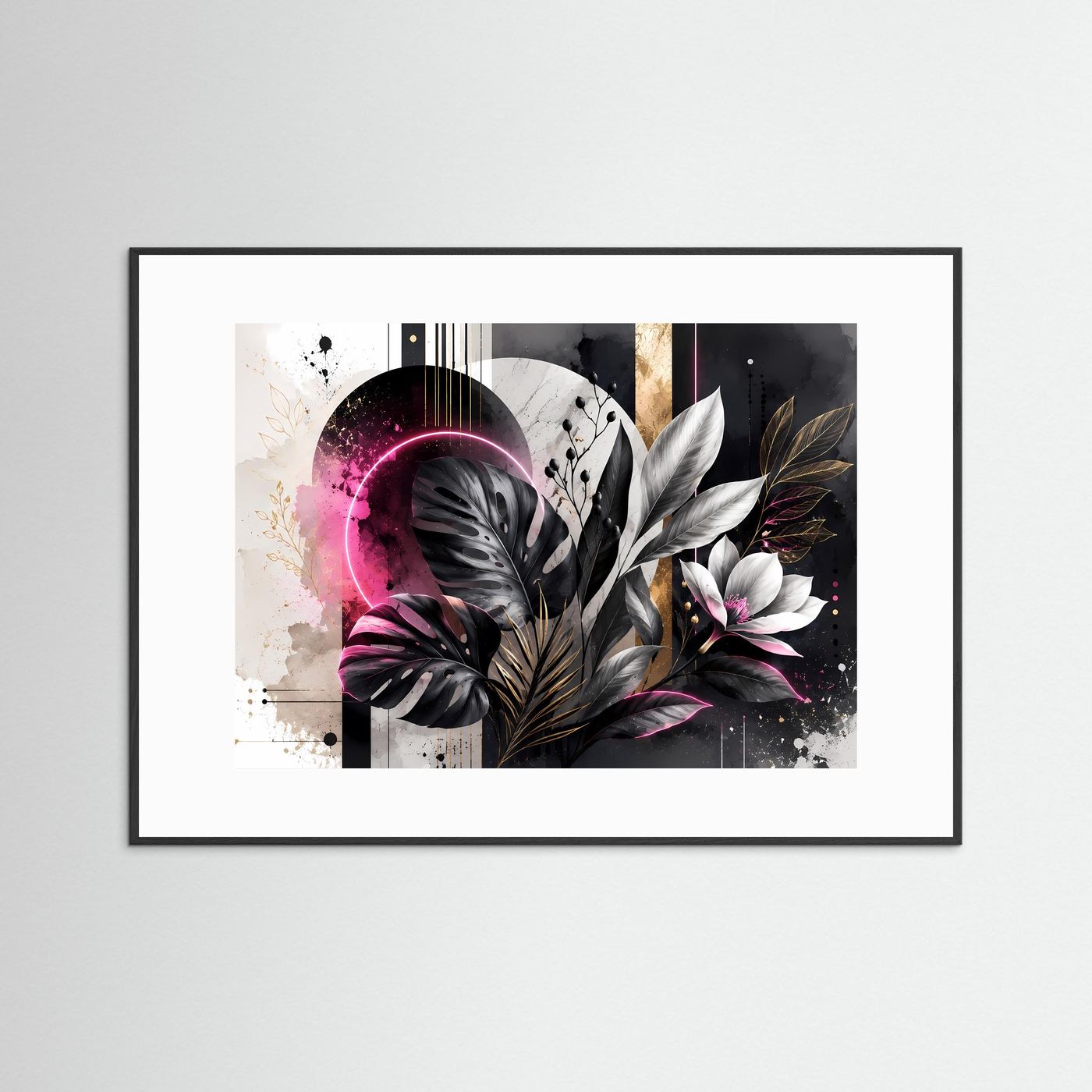Abstrakte Botanik in Schwarz, Weiß & Pink | Monstera mit Neon & Gold – Moderne Wandkunst