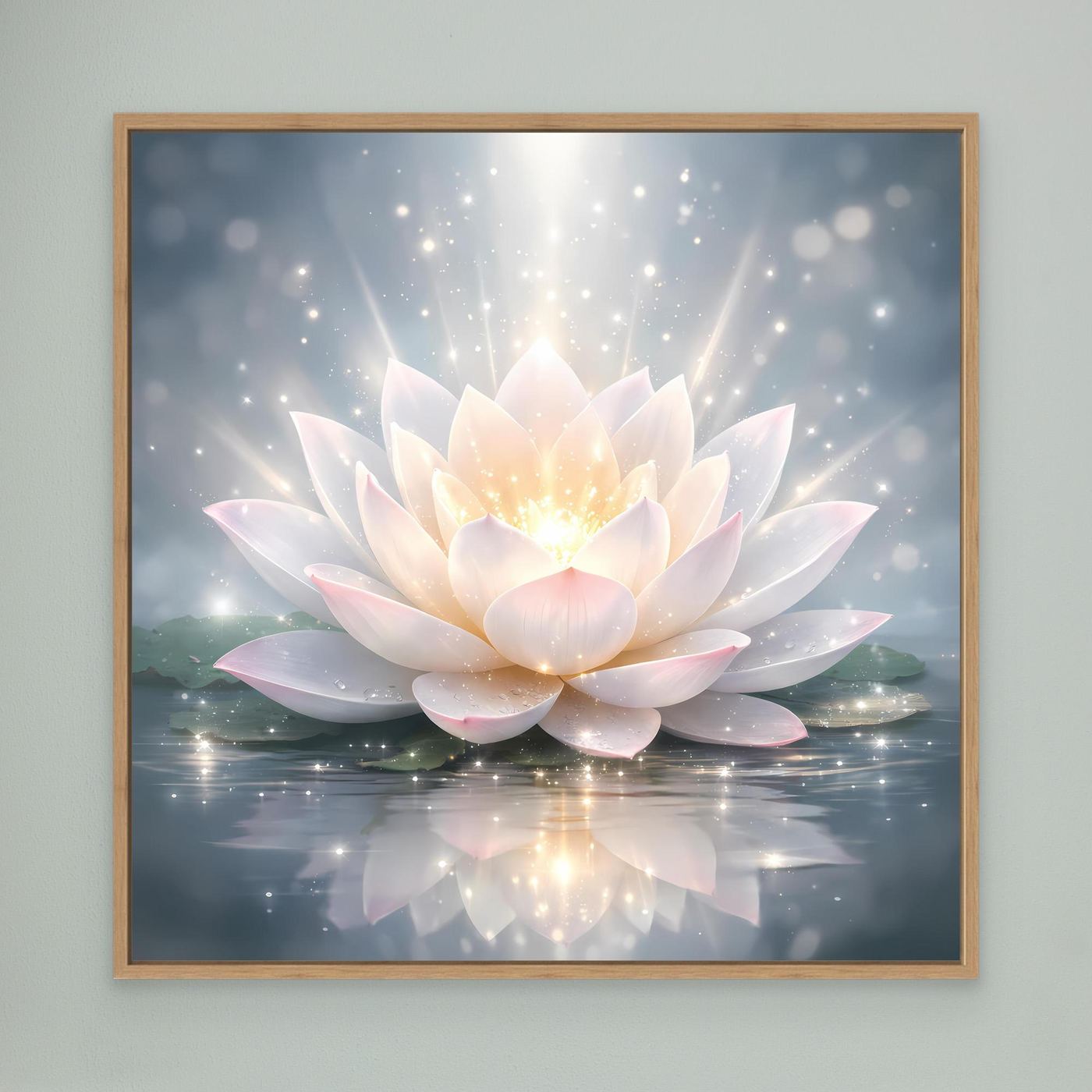 Leinwandbild mit leuchtender Lotusblüte im Eichenrahmen, große helle Blüten, Lichtstrahlen