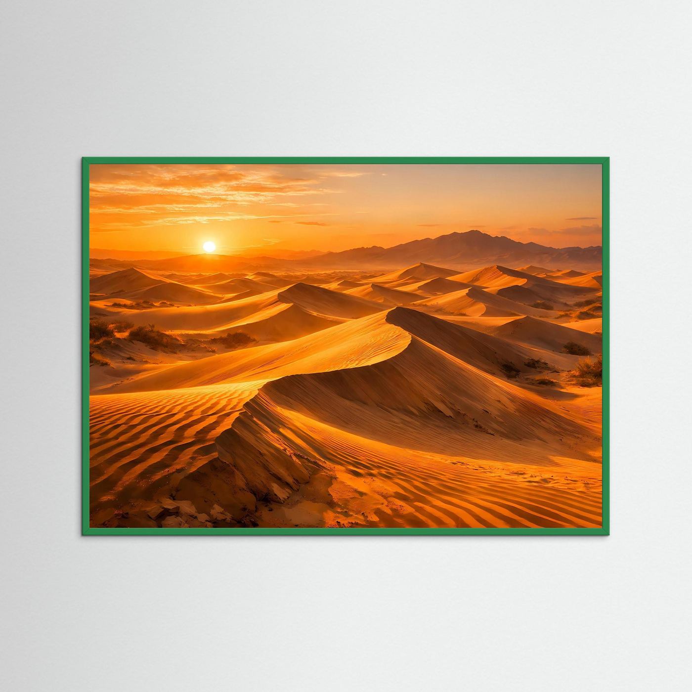 Wandposter mit Wüstenlandschaft, grüner Rahmen, Sonne im Abendrot