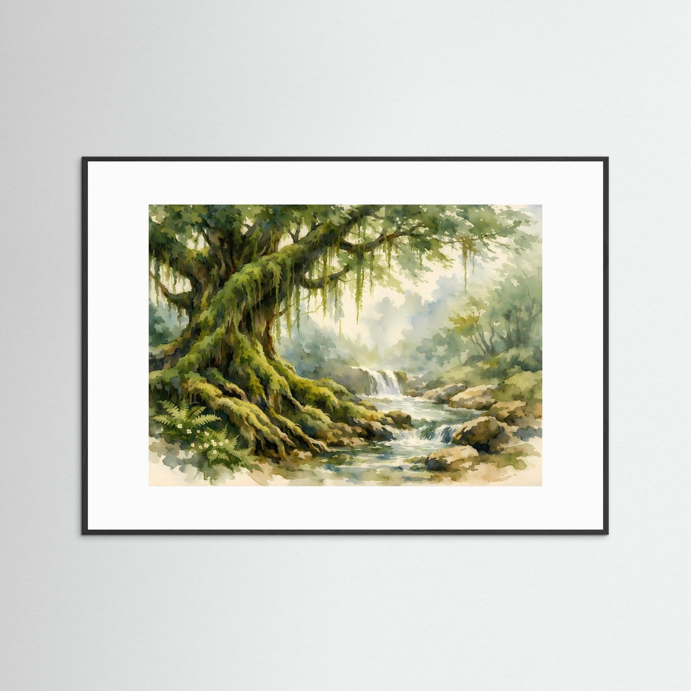 Mysteröser Urwaldbaum am Flusslauf | Aquarell Natur & Urwald Poster Querformat