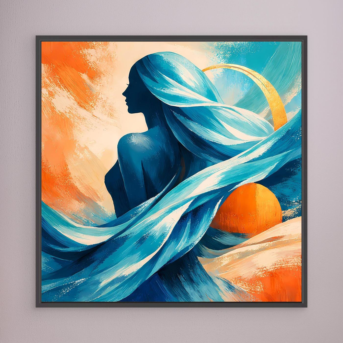 Gerahmtes Leinwandbild mit blauem Porträtprofil, türkisweißen Flächen und orangefarbenem Kreis