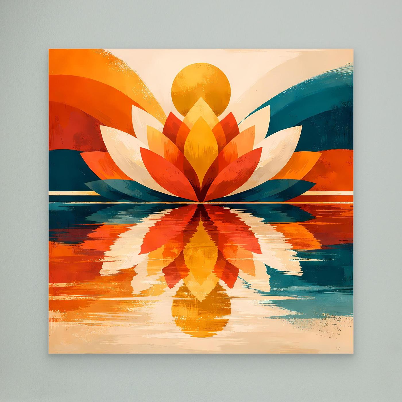 Abstraktes Lotus-Leinwandbild, symmetrisch, orange-rot und türkis