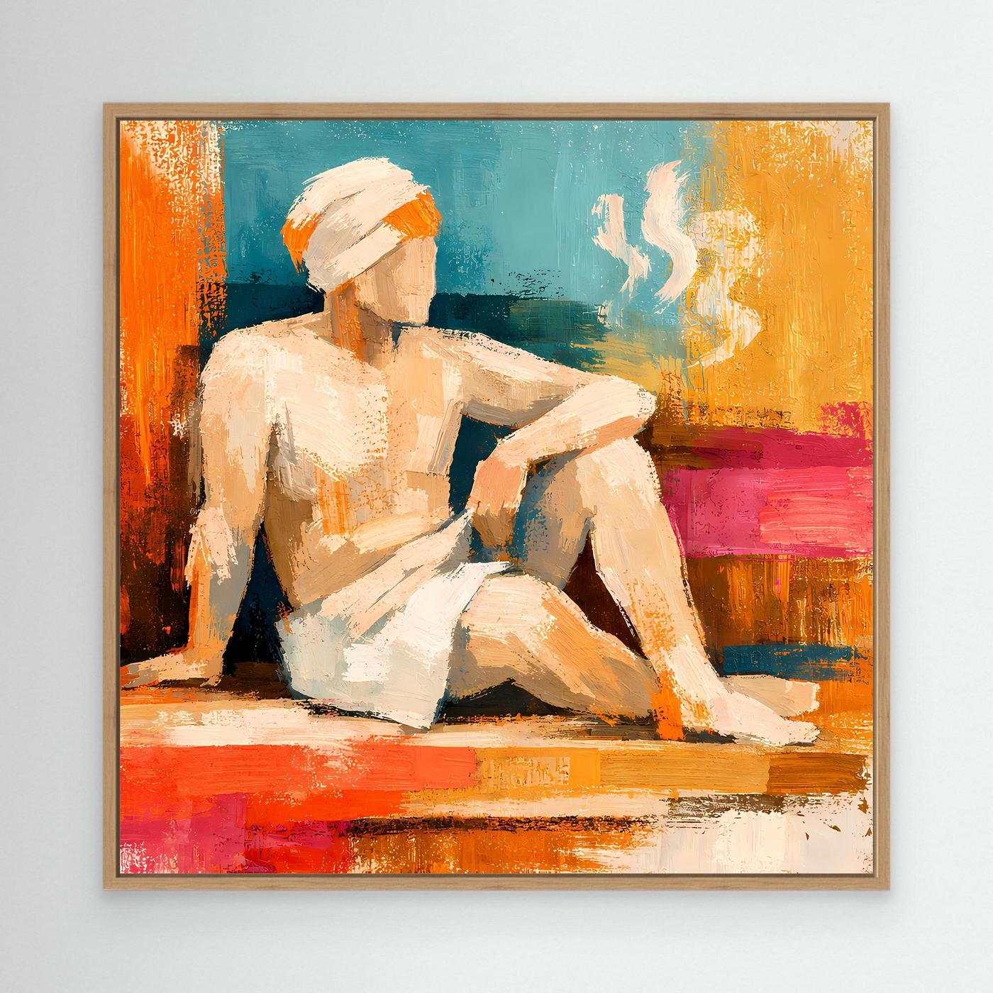Abstract canvas wall art with oak frame, seated woman and white smoke detail