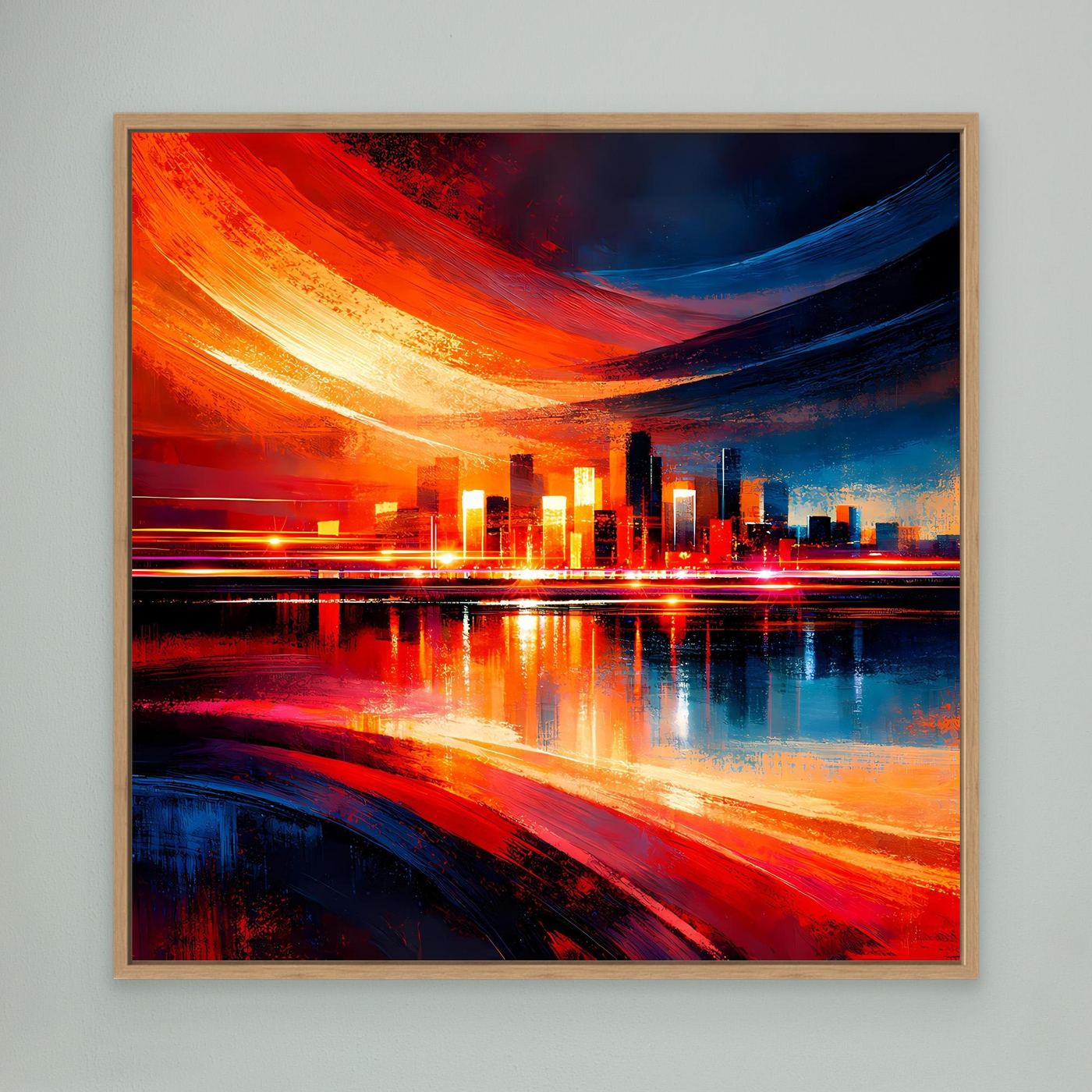 Abstraktes Skyline-Leinwandbild mit hellem Holzrahmen, leuchtende Lichtspuren in Rot und Blau