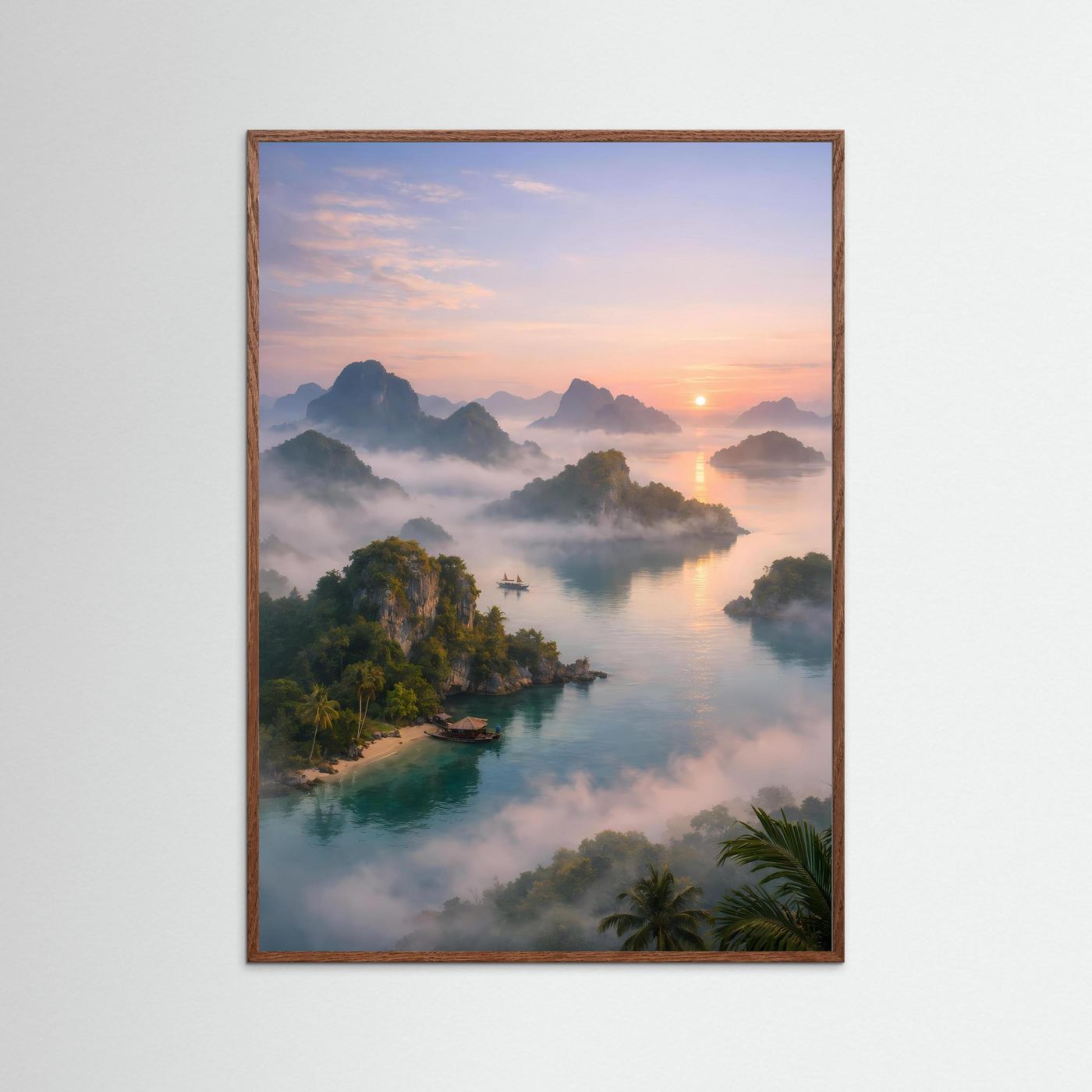 Alpenlandschaft-Poster im Hochformat mit Fluss, Nebel und Sonnenaufgang, Eiche dunkel gerahmt