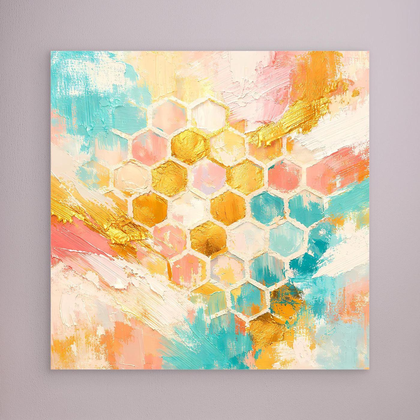 Abstraktes Bienenwaben-Leinwandbild mit Goldakzenten, ungerahmt, Pastellfarben