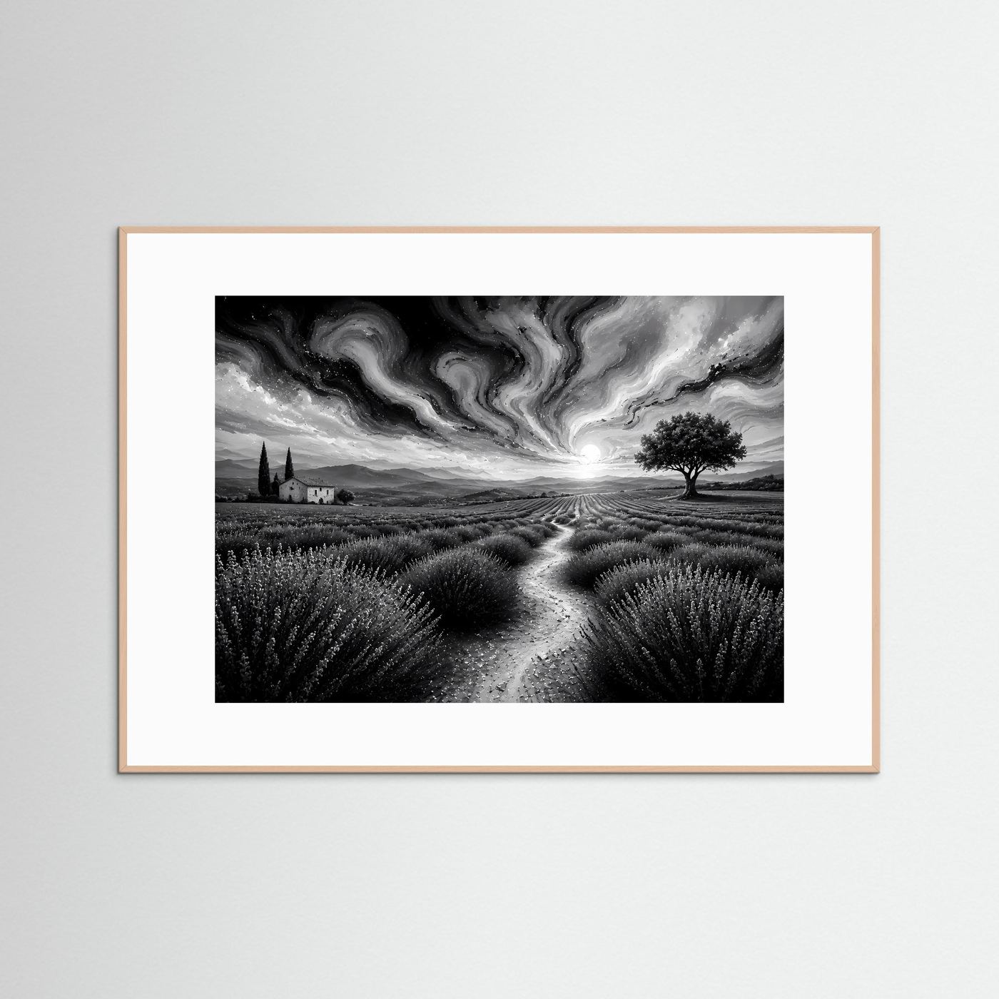 Lavendelfeld in Schwarz-Weiß | Abstrakte Landschaft mit dramatischem Himmel