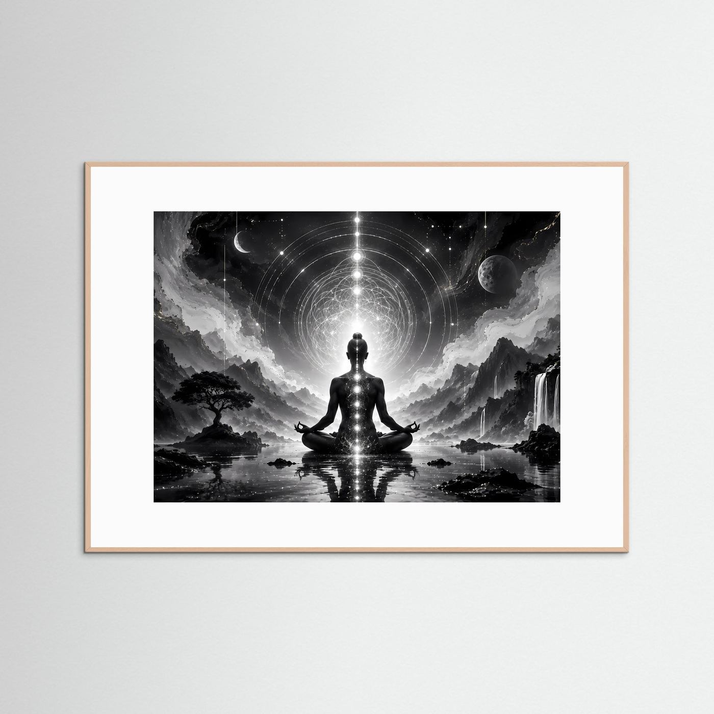 Meditation Schwarz Weiß | Spirituelles Wandbild mit Chakren & Heiliger Geometrie