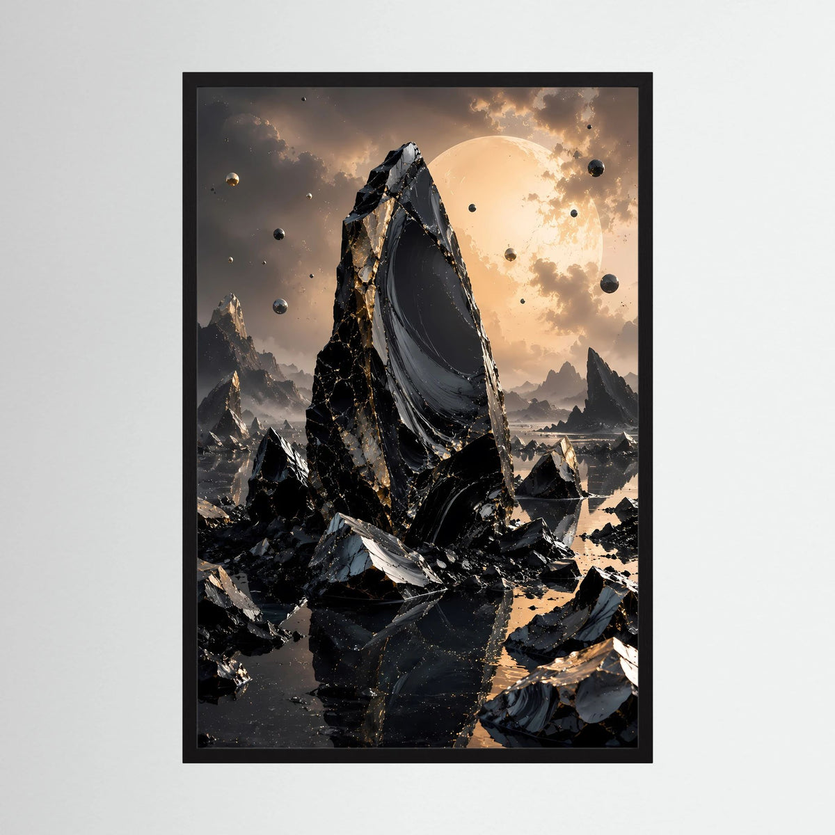 Gerahmtes Poster mit schwarzem Obsidian-Monolith und goldener Sonne, Hochformat, schwarzer Rahmen
