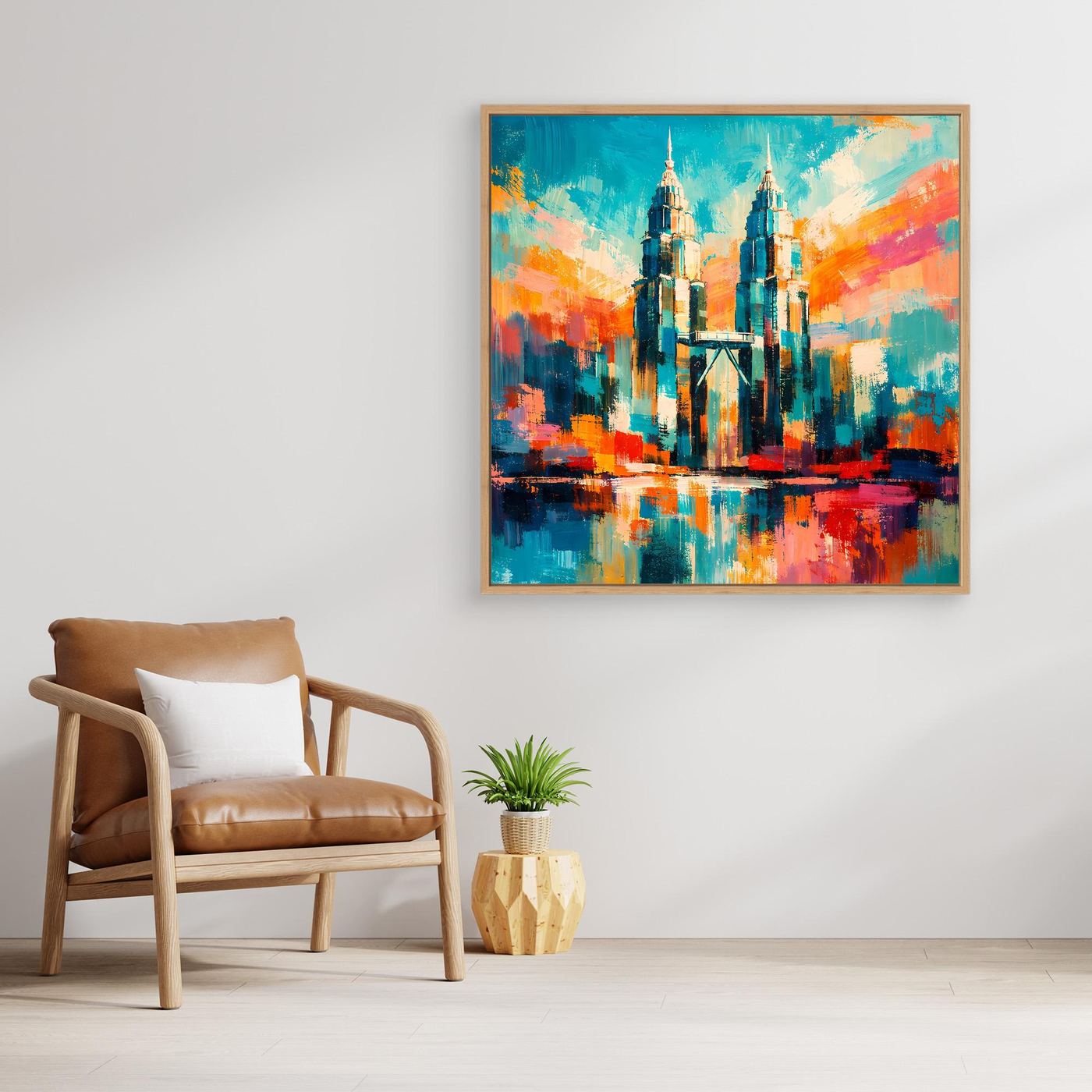 Abstraktes Leinwand-Wandbild mit goldfarbenem Rahmen, türkis-blaue Türme und farbige Reflexion