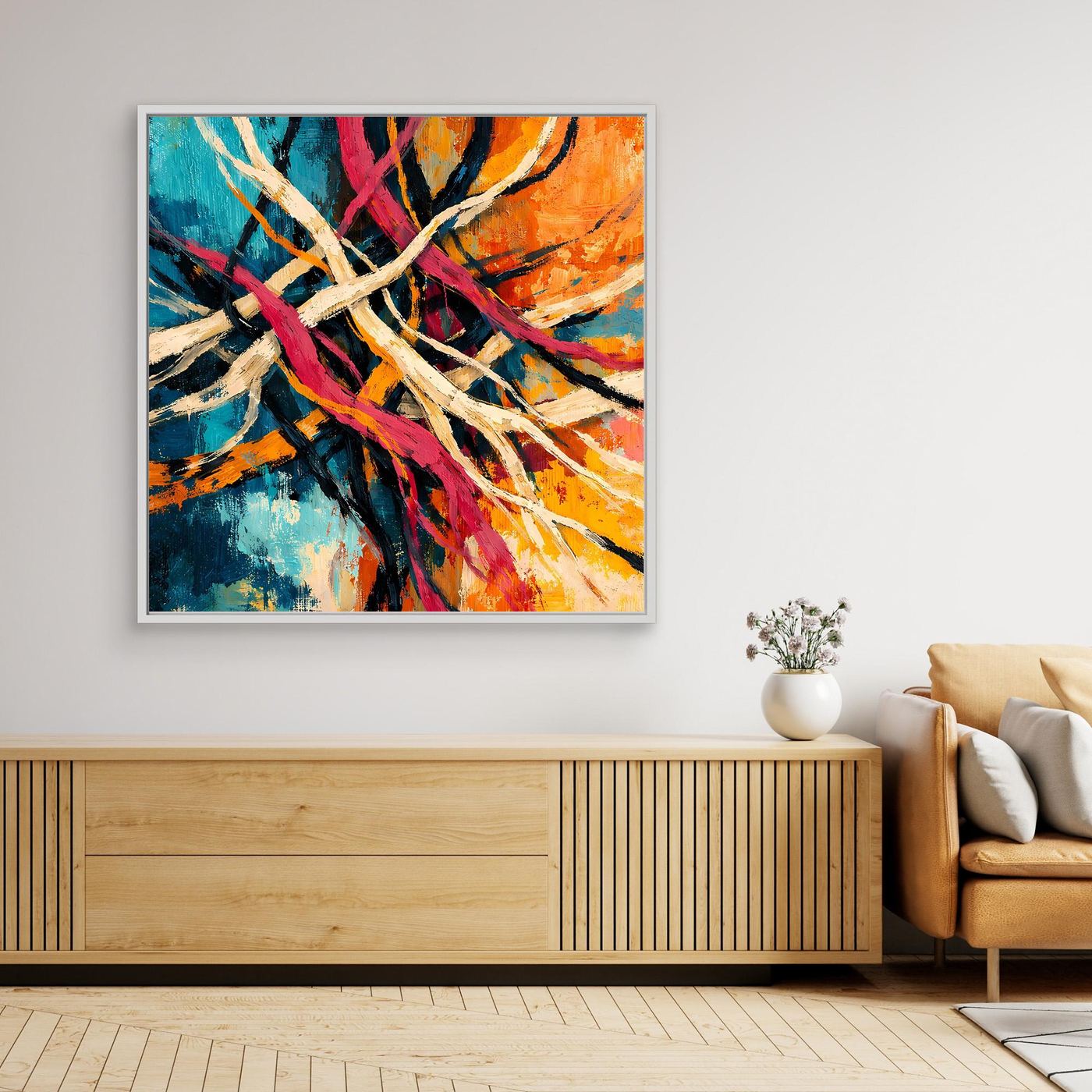 Abstraktes Wandbild mit farbigem Liniengeflecht, weiß gerahmt