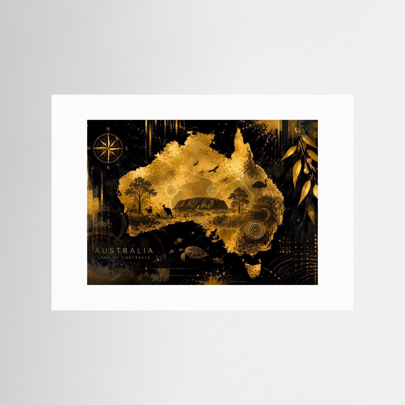 Poster mit Australienkarte in Schwarz und Gold im weißen Passepartout