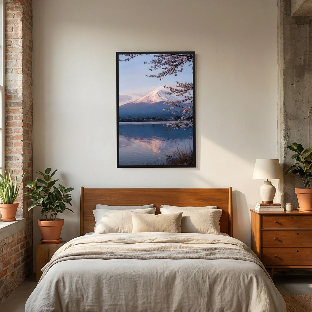 Hochformat-Kunstposter mit Kirschblüten über See, verschneiter Fuji, schwarzer Rahmen
