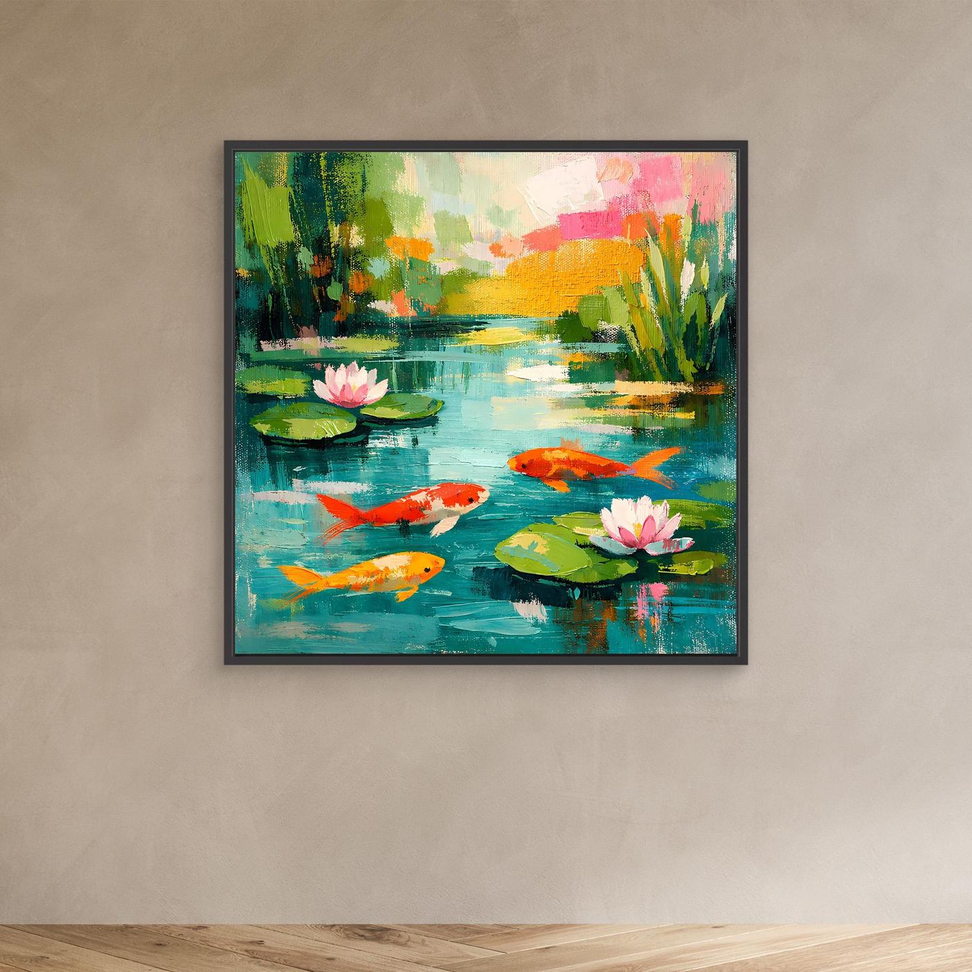 Dark-framed canvas wall art with koi fish, lily pads, and pink water lilies