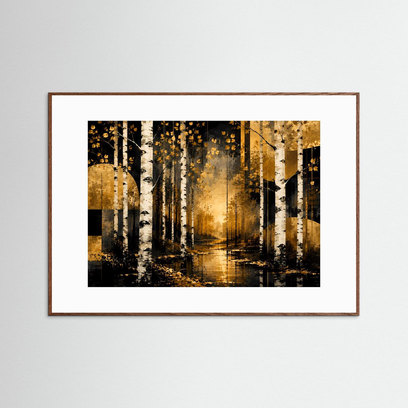 Goldener Birkenwald im Abendlicht | Abstrakte Waldlandschaft mit weißen Birken in Schwarz, Gold & Creme | Elegantes Natur Wandbild im Querformat mit moderner geometrischer Kunst