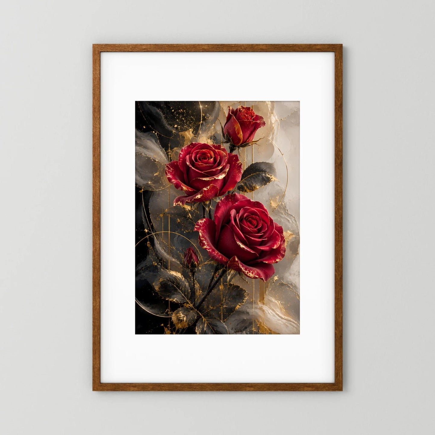 Gerahmtes Poster: rubinrote Rosen mit Goldakzenten, hochformatig