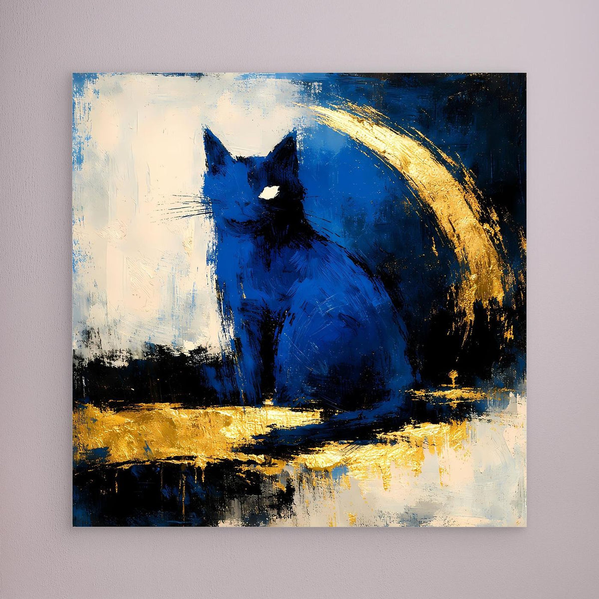Leinwand-Wandbild mit blauem Tiermotiv und Goldbogen, ohne sichtbaren Rahmen