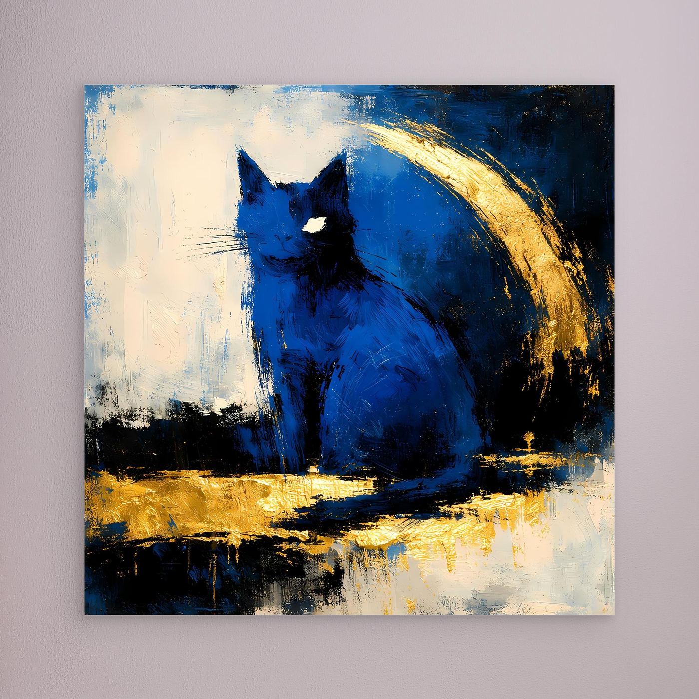 Leinwand-Wandbild mit blauem Tiermotiv und Goldbogen, ohne sichtbaren Rahmen